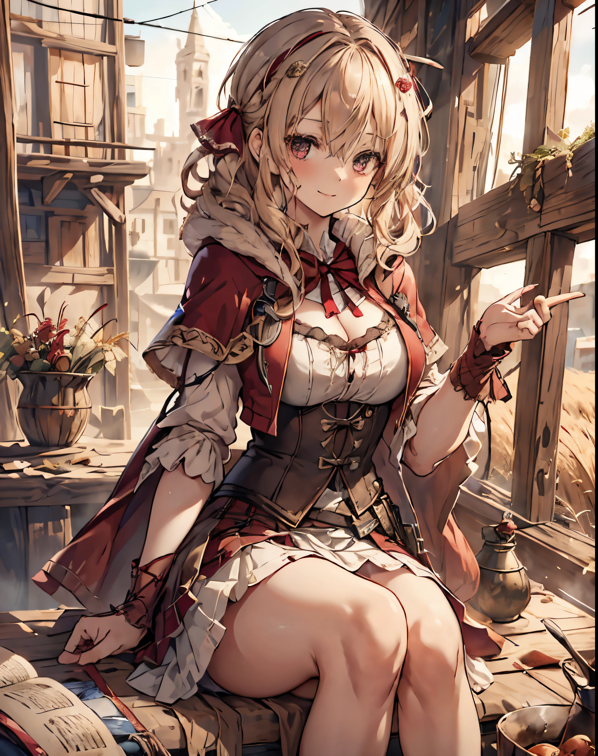 masterpiece,1girl, sparrow, a blonde haired girl, wearing a white medieval european villager clothes, curly medium hair, messy hair, red skirt, short red capelet with furry hoody, slim body, medium breasts, she close her left eye, shirt ornament, lolippai, hair ribbon, seductive smile, beautiful breasts, rounded breasts, crimson eyes, pleated skirt, plaid skirt, she is the red hood girl, she sit in the wheat field