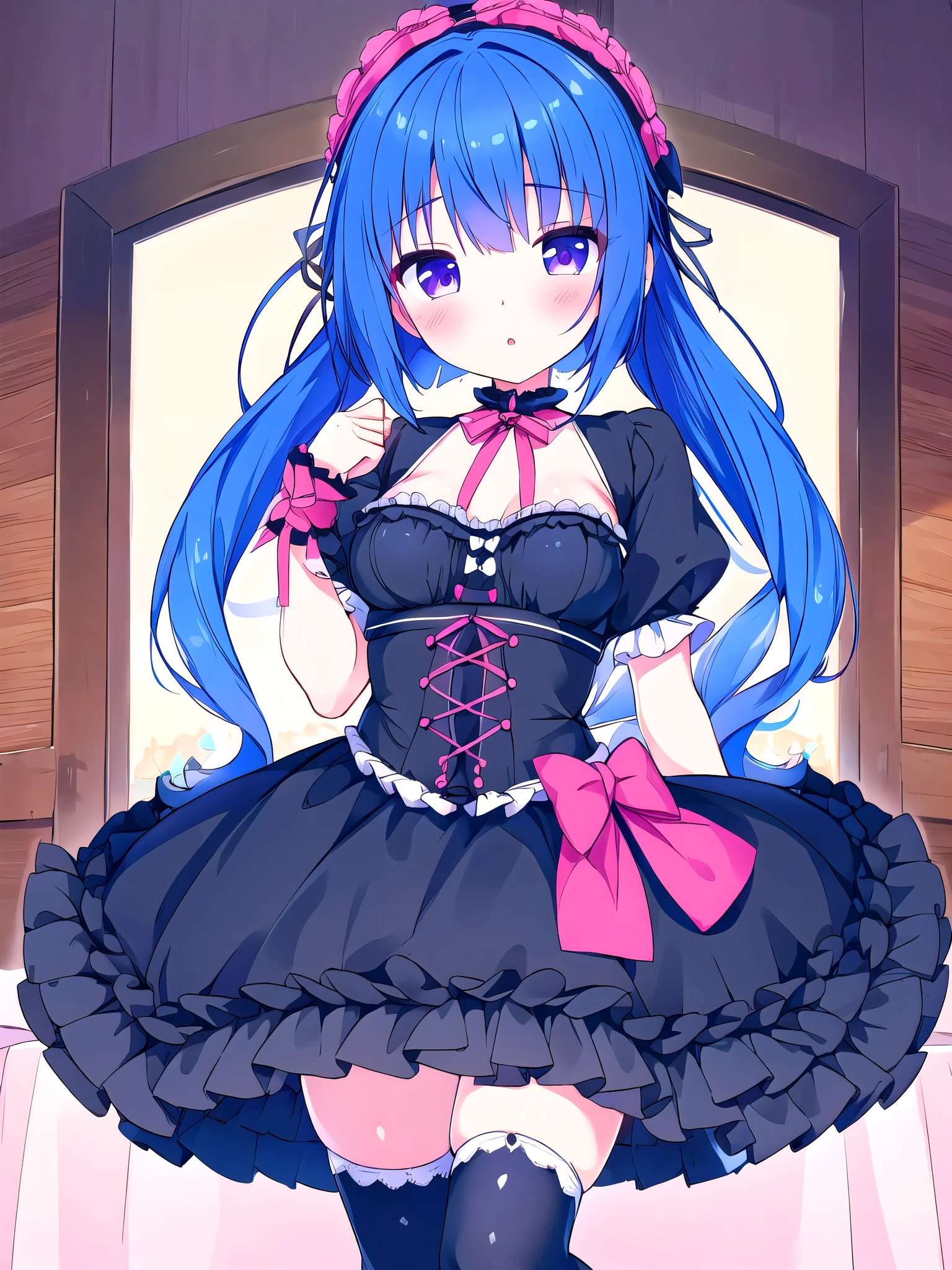 Girl in black white gothic ta  with stockings blue hair red eyes Short skirt with small breasts show  pink In room Great quality 2k masterpiece 