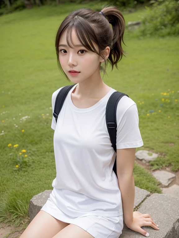 Nature landscape photography, (Mountaineering; Carry a backpack, squat: 1.1) (White T-shirt, mini skirt), (Small breasts, Flat Chest, thigh: 1.1), (Short, unkempt hair, High Ponytail),
((highest quality, 8k, Tabletop: 1.3, RAW Photos)), Sharp focus: 1.2, (1. AESPA Girl :1.2), (alone: 1.22), (Realistic, Realistic: 1.37), (Face Focus: 1.1), Cute face, Ultra detailed face