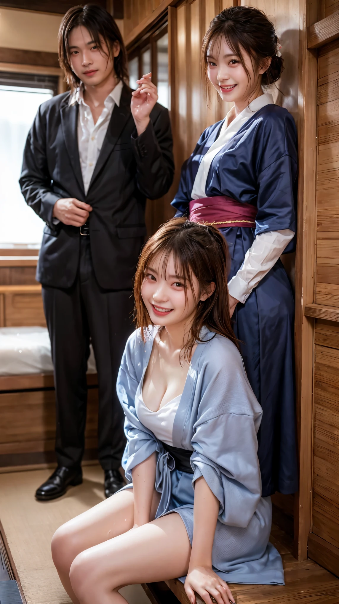 highest quality、4K quality、Man Attacking、Woman in kimono embraced by man、Man touches woman's chest、The man presses his hips against the woman&#39;s crotch、slender、Small face、16 years old、nude crotch