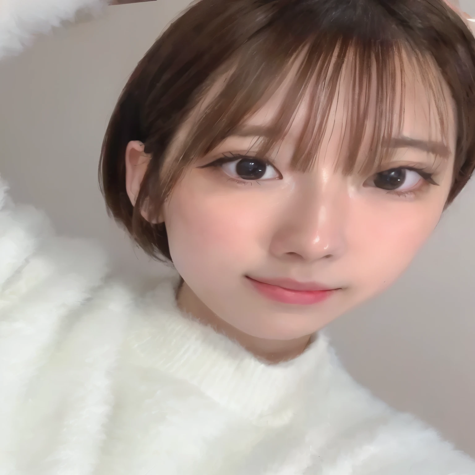 arafed woman with a white sweater and a black hair, chiho, with short hair, girl cute-fine-face, with cute - fine - face, cute natural anime face, Yoshitomo Nara, narumi kakinouchi, shikamimi, ulzzang, clear cute face