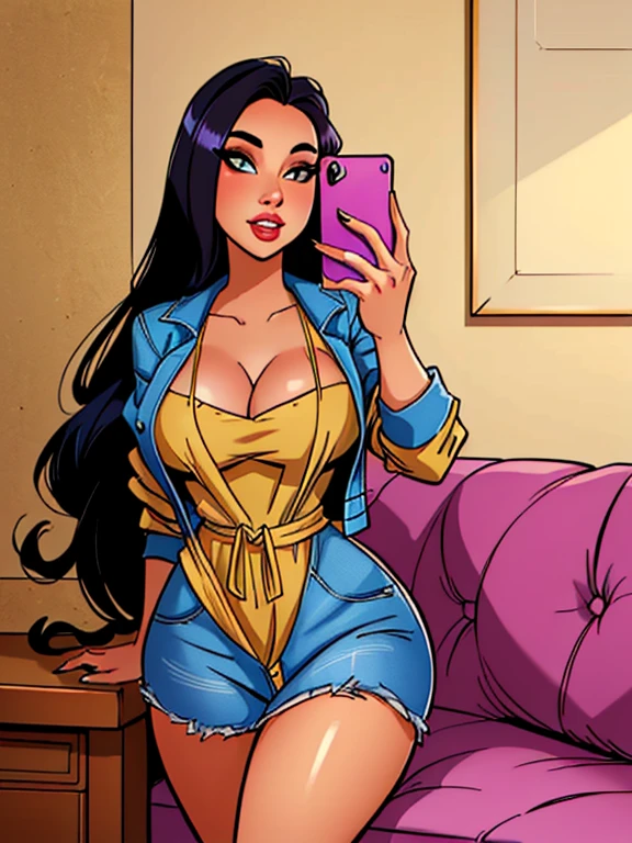 digital drawing, 4k, Comic Babes, Best quality, Masterpiece, a woman taking a selfie in a beige dress and a denim jacket, 30 year old woman from Cuba, Violeta Myers, ayahausca, the extremely hot and sexy, angelawhite, skin latina, colombian, lorena avarez