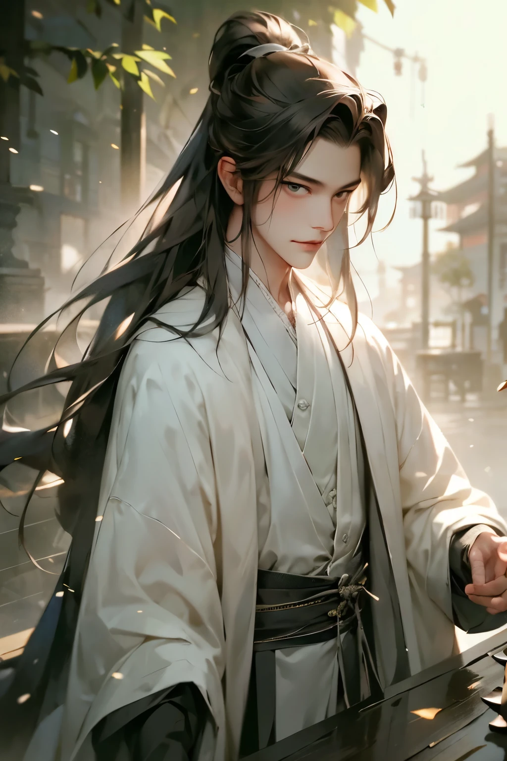 On the table, best quality, 8k, Movie Lighting, Ultra-high resolution, Chinese Arts, Chinese painting, 1 boy, Upper Body, On a street,woman