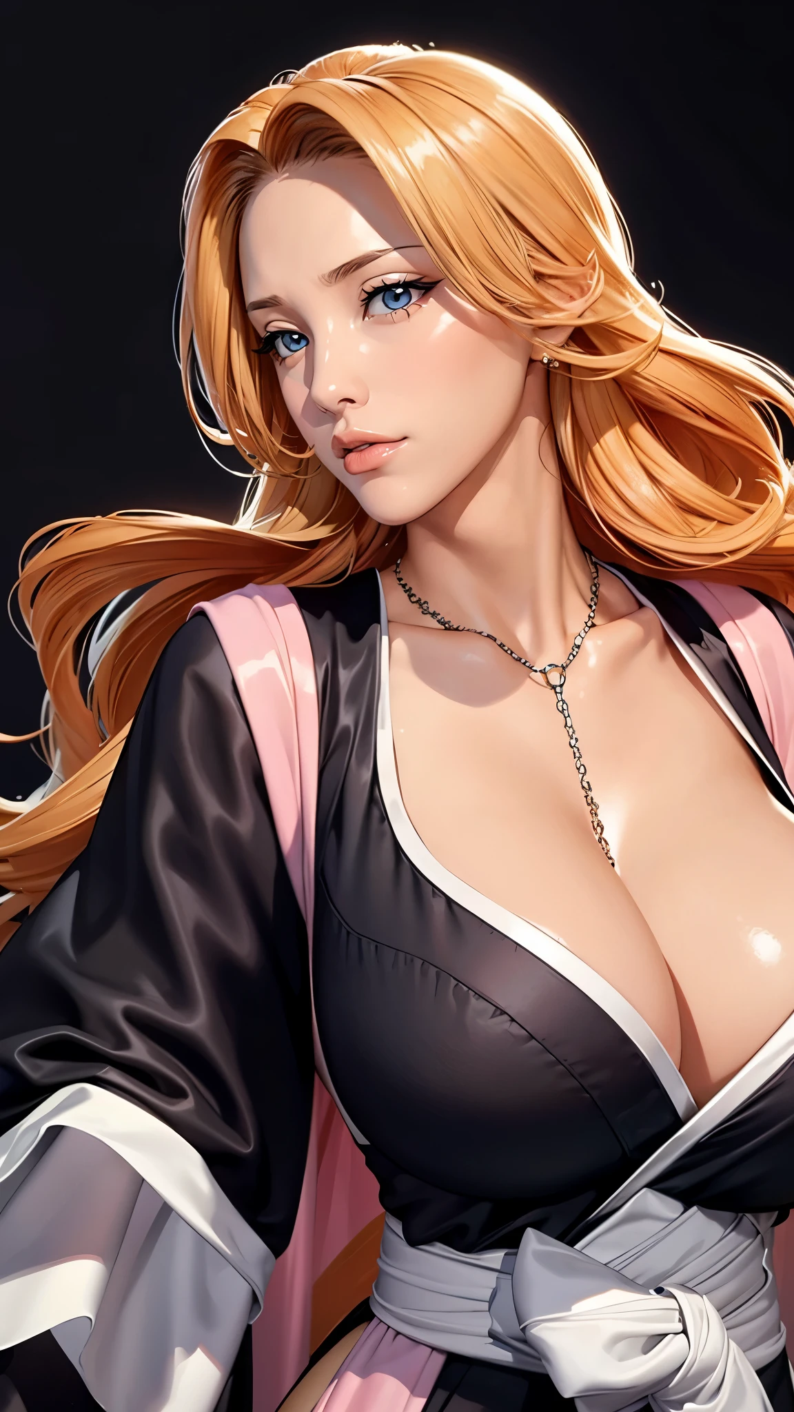 （（（完美figure，figure，solo， （（（japanese clothes,necklace, black kimono, sash,peach red shawl ））），（（（matsumoto rangiku, Golden wavy long hair，There is a black mole on the lips,））），((masterpiece)),high resolution, ((Best quality at best))，masterpiece，quality，Best quality，（（（ Exquisite facial features，Looking at the audience,There is light in the eyes，(（（lol，confidence））)，））），型figure:1.7））），（（（Light and shadow，Huge breasts））），（（（Looking at the camera，black background，）））