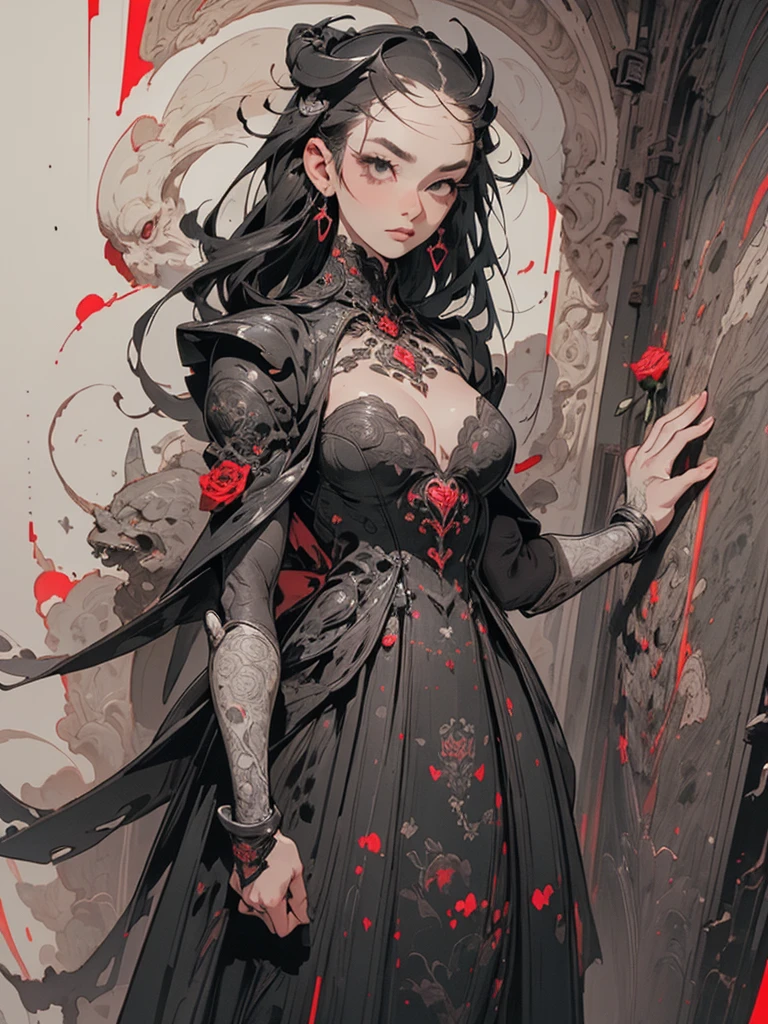 (Artwork of exceptional craftsmanship),(Detailed illustrations,(Art based on a very ideal anatomy),Very detailed and detailed drawing,Delicate lines with slow and rapid,(Realistic texture expression)),[Color tressed main line],[ruins background],HENTAI ANIME (MACHINEAlice (Beauty) (Tall [High class] sixteen years old (Smooth straight hair [Crystal clear long hair]))) AUTOMATON,((Black dress) Black Rose (Lace pattern [caltrop]) ((Cybernean Alien Armor) ((Through the material))) (Cybernetic Gothic Lolita [Titanium alloy] [chains])),[Bondage Fashion],(Perfectly proportioned),(Fine and beautiful skin expression [realistic skin detail]),(Design built to the highest level,[Advanced structural understanding of materials],Ideal color coordination),(Intricate and beautiful decoration (Dense detail)),(More on shiny hair),[Perfect hand details],(Beautiful perfect face [Realistic face details]),[Clear gaze],[long and beautiful eyelashes],[Perfect eye details (Eyes beautifully drawn down to the smallest detail)],(detaileds,high-detail),((Precision Detail),[multi-layer texture],HighQuality,hight resolution),[(Accurate simulation of light-material interactions),Understanding Airflow,Mechanically correct representation],[Visual art that conveys a sense of narrative] [Full body like],[[Desaturation]].