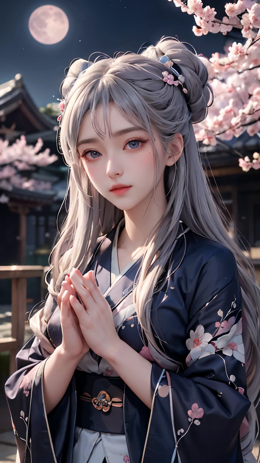 ((Praying Hands)),positive,Front configuration,Upper Body,((Looking at the audience)),Gorgeous navy blue kimono,Intricate patterns that complement the kimono,Long silver hair,Beautiful and delicate face,blush, sky blue eyes,Big eyes,Extremely fine resolution,highest quality,Pink Moon,Mysterious,Cherry Blossoms at Night