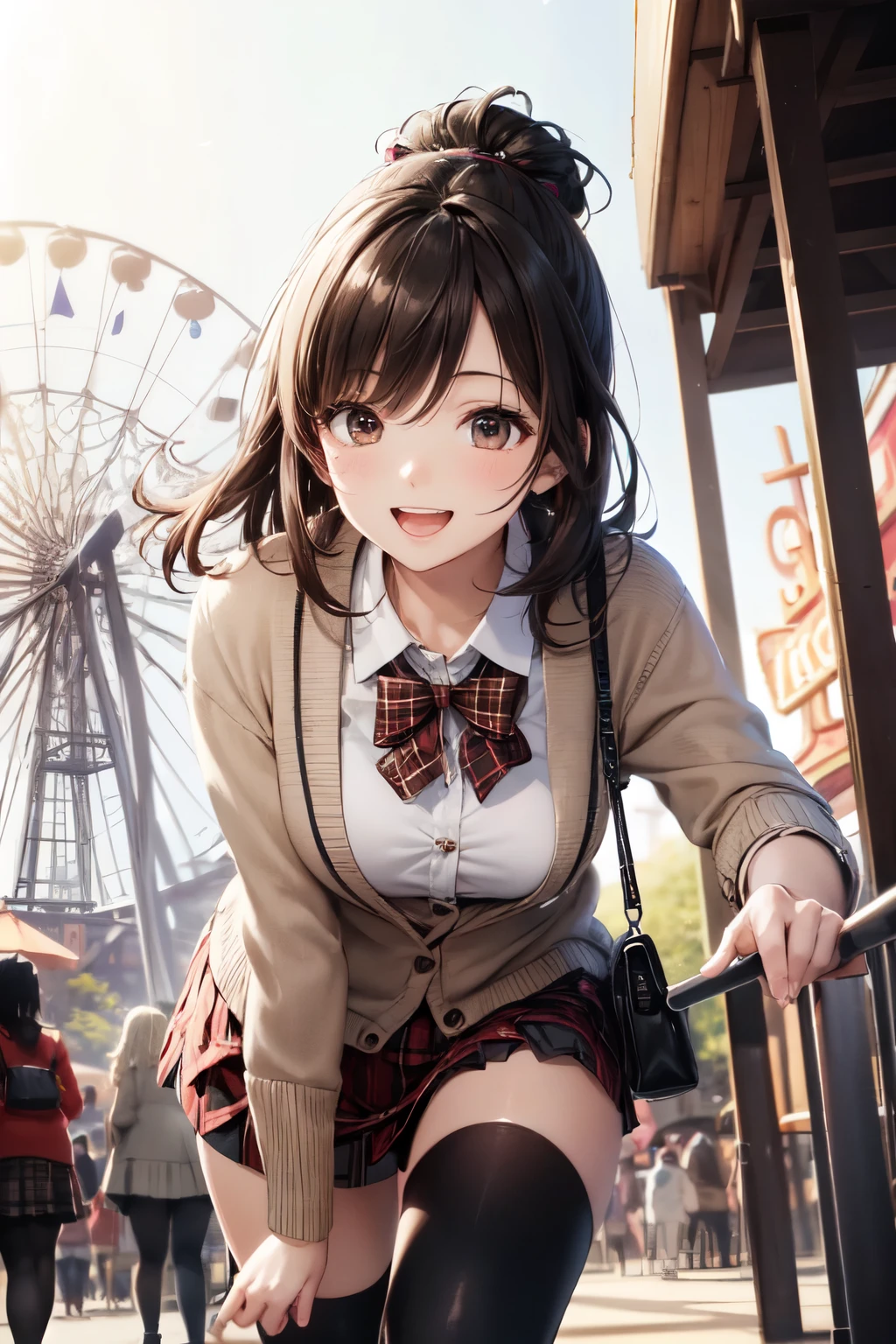 very cute and beautiful girl in amusement park ride,(highly detailed beautiful face),(white blouse),
laugh,happy,(beige cardigan:1.2) BREAK zettai ryouiki,(plaid brown mini skirt:1.2),
hair ornament,black hair,(black shoulder bag),(black boots),
(best quality,masterpiece:1.0),absurdres,highres,ultra-detailed,extremely detailed,32k,8k resolution,
intricate details,cinematic scene,detailed background,solo,dynamic angle,realistic,