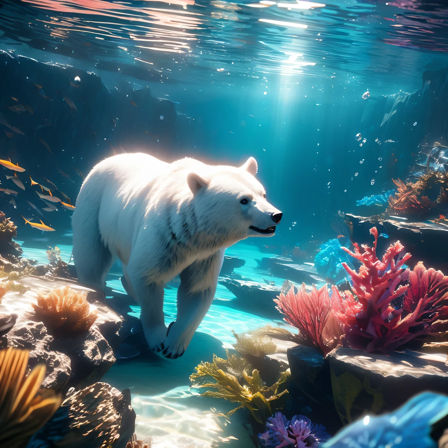 A polar bear diving under an ice sheet, crystal clear icy water, serene underwater scenery, sunlight shining through the cracks, beautiful reflections, ethereal blue hues, shimmering ice formations, breathtaking underwater life and corals, intricate details of bubbles and ripples, immersive 3D rendering, highest quality rendering, ultra-detailed ice textures, vibrant and vivid colors, realistic lighting effects.