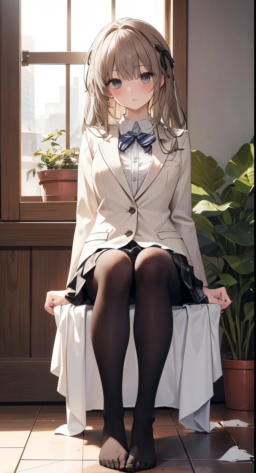 highest quality, masterpiece, High resolution, (Head to Toe full body), front, frontやや下からの構図, Symmetric, 18 year old tall girl, alone, (Head to Toe), (Small breasts), Unkempt brown hair, bangs, (black tights), (Black Pantyhose), (Sit with your legs apart), (Crouching pose), (A work depicting white panties), (Her legs were spread、I see your white pants.), (I was made to sit on the floor with my legs spread....), (M-shaped feet), Thin legs, A very beautiful and tall 18 year old girl, (No shoes), blush, Shy big eyes, Looking at the camera, Blazer uniform, Checkered Pleated Skirt