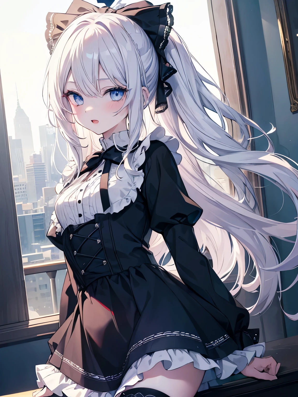 Masutepiece, Highest Quality, (Perfect face:1.1), (high detailing:1.1), (ultradetailed eyes),Dramatic,superfine illustration,Extremely detailed,1girl in,teenager,(pale skin),long white hair,Ethereal eyes,Simple eyes,empty eyes,Blue eyes,blush,Solo,Smile,Happy,Laugh,Enjoy, Open mouth,Pouty lips,Cinematic lighting,upper body,Long sleeve,Gothic lolita, frilld,bow ribbon,knee high socks,morning
