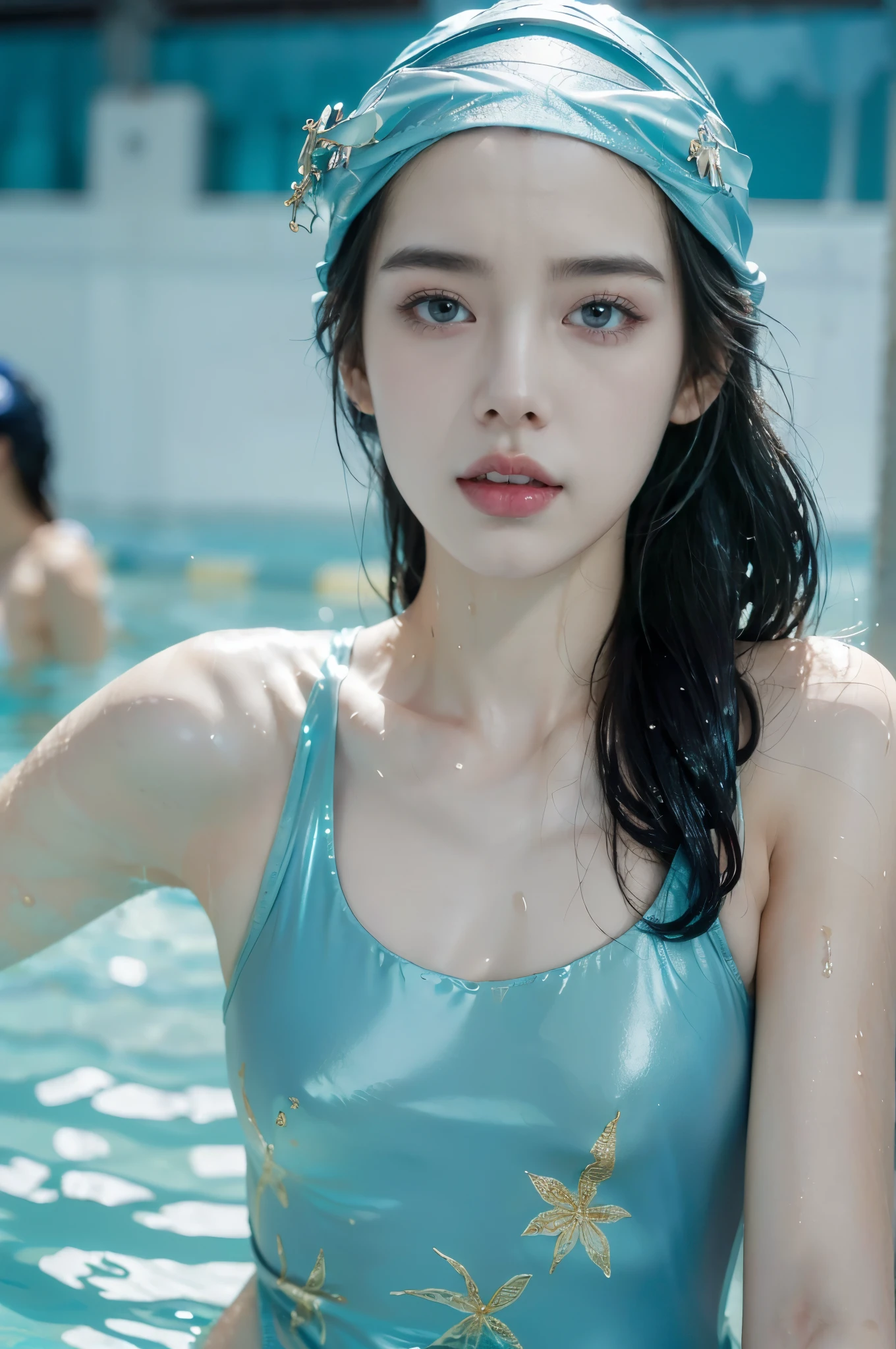 (Extremely meticulous CG),(((8k))),wallpaper,((Extremely refined and beautiful)),(((Masterpiece))),(((best qualtiy))),(((Ultra High Resolution))),beautiful light up,realistic shaded,(Smooth and flawless fair skin:1.5),(Extremely exquisite facial details:1.3),(ultra-detailed:1.5),((a beautiful girl,solo)),(swimming cap on head:1.5),(small head:1.2),(slender face:1.2),(Exquisite makeup:1.3),(wet:1.5),(sweat:1.5),(happy:1.2),(laughing:1.2),(perfect body:1.1),(pale skin:1.3),(shiny skin:1.5),((slim,thin)),(small breasts:1.2),(flat chests:1.2),(blue floral one-piece swimsuit:1.5),(standing in the water:1.3),(the lower body below the chest is in water:1.3),(At the swimming pool:1.3),(In the swimming pool:1.3),(clear water:1.3),(indoor:1.2),(Cyberpunk style:1.3),(detailed background:1.5),(close-up of face:1.3),(from front:1.3),(surrounded by crowded crowds:1.5)