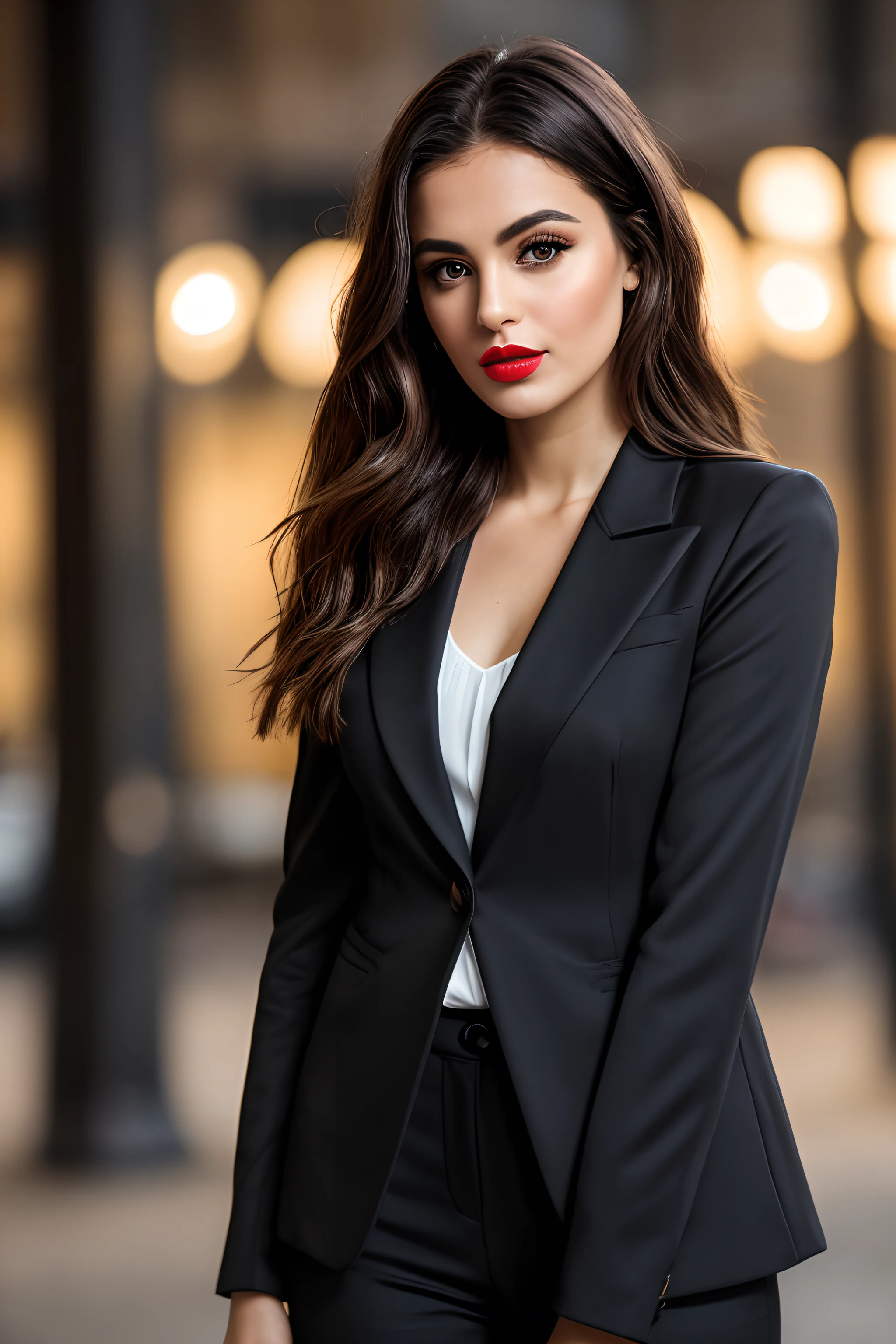escuro e sombrio, 8k, close-up photo of a 30-year-old brunette Brazilian businesswoman with a dark background at night, (cabelo castanho escuro realista, liso e com ondas claras) , inventar, Red lips, olhos castanhos, (usando blazer de alfaiataria Chanel preto, black silk blouse and straight black tailored pants), looking with confidence, hiper-realista, {uma garota com pele morena extremamente bonita}, (pele altamente detalhada: 1.2) {{{obra de arte}}}, textura realista, dynamic composition, Fujifilm XT2, 85 mm F1.2, velocidade do obturador 1/80, (Bokeh), alto contraste