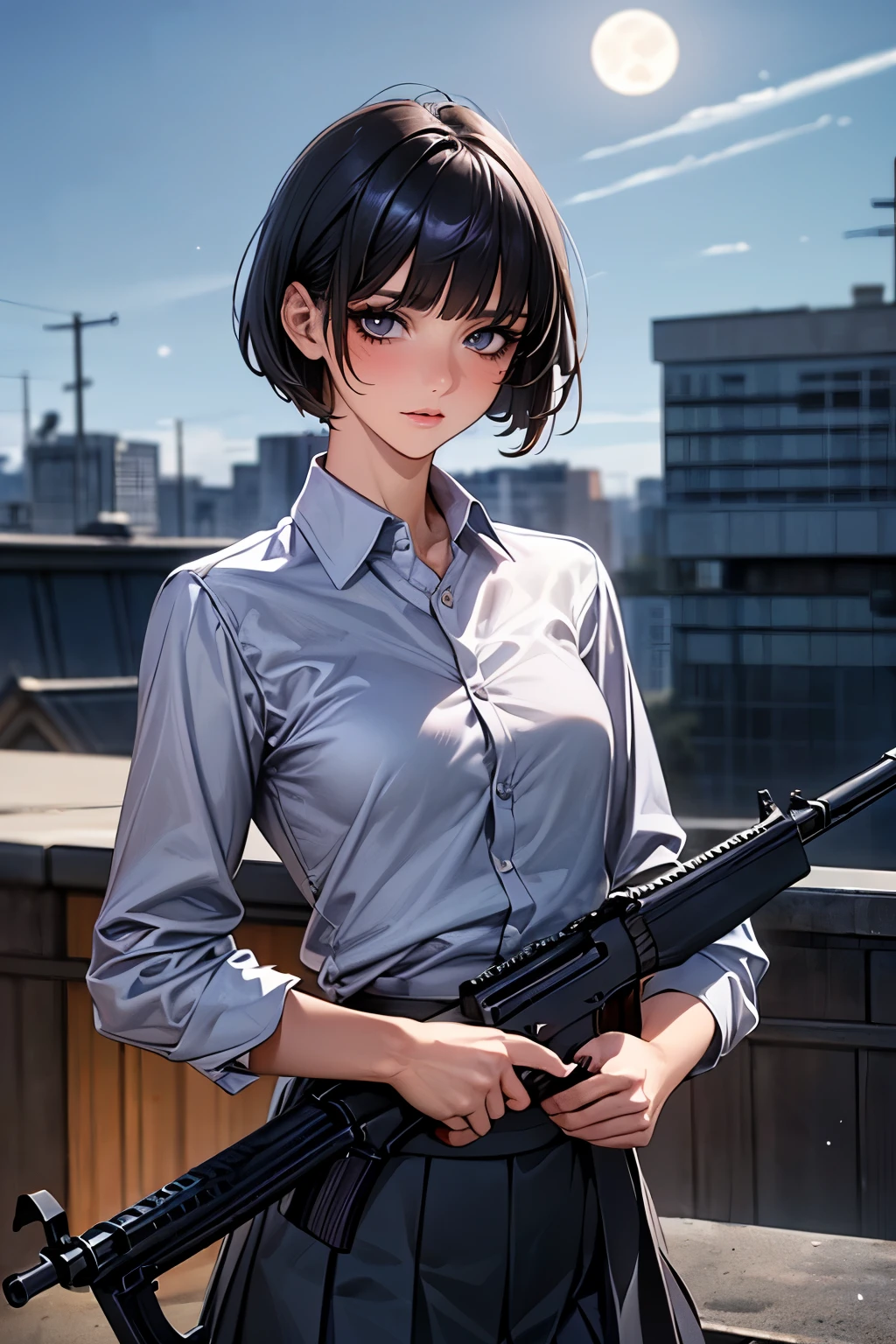 (((Woman firing an automatic rifle:1.5、excluding sight,A detailed depiction of an automatic rifle:1.7))),Synchronize your gaze and body direction、(((perfect anatomy:1.4,realistic:1.4,RAW Photography:1.4,masterpiece、highest quality、Ultra - High resolution、High resolution、Highly detailed CG、8K))),cowboy shot,1 female,solo、18 year old beauty,Japanese,((beautiful detailed face and eyes:1.3,big gorgeous eyes:1.3,gray eyes)),black hair,short bob hair,blunt bangs,blush,(medium breasts,slender body,small head:1.3,skinny),(gleaming skin:1.4,oily skin,shiny skin),(Female Soldier、White collared shirt、Pleated black hooting position:1.5,High-rise building rooftop、at night、moonlight,