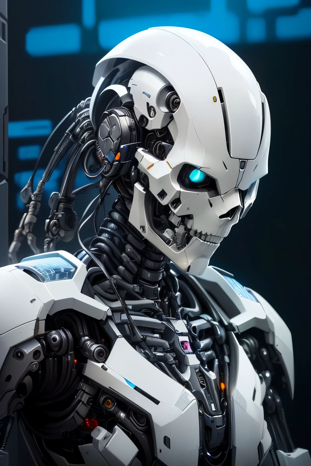 a close up of a robot with a white face and a black and white mask, detailed humanoid, portrait of a cyber skeleton, close-up portrait of cyborg, humanoid robot close up, cyborg robot, cyberpunk skeleton, detailed portrait of a cyborg, ( ( robot cyborgs ) ), cybernetic and highly detailed, white biomechanical details