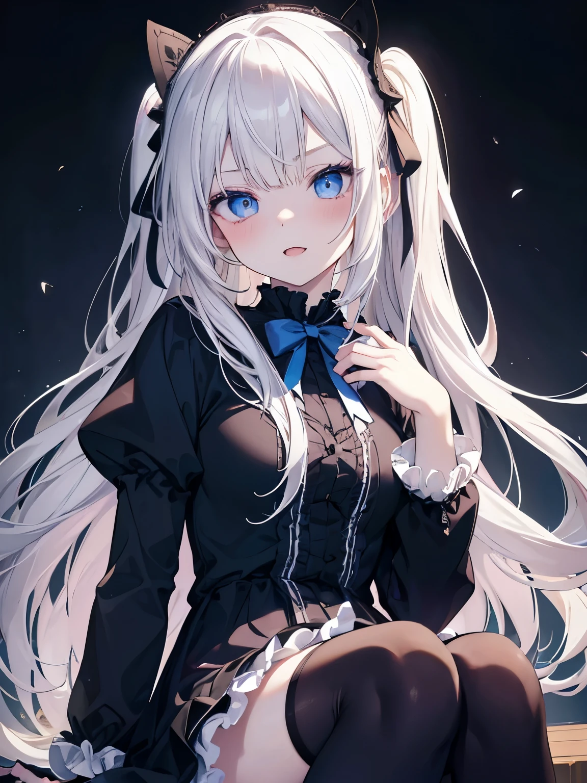 Masutepiece, Highest Quality, (Perfect face:1.1), (high detailing:1.1), (ultradetailed eyes),Dramatic,superfine illustration,Extremely detailed,1girl in,teenager,(pale skin),long white hair,Ethereal eyes,Simple eyes,empty eyes,Blue eyes,blush,Solo,Smile,Happy,Laugh,Enjoy, Open mouth,Pouty lips,Cinematic lighting,upper body,Long sleeve,Gothic lolita, frilld,bow ribbon,knee high socks,morning