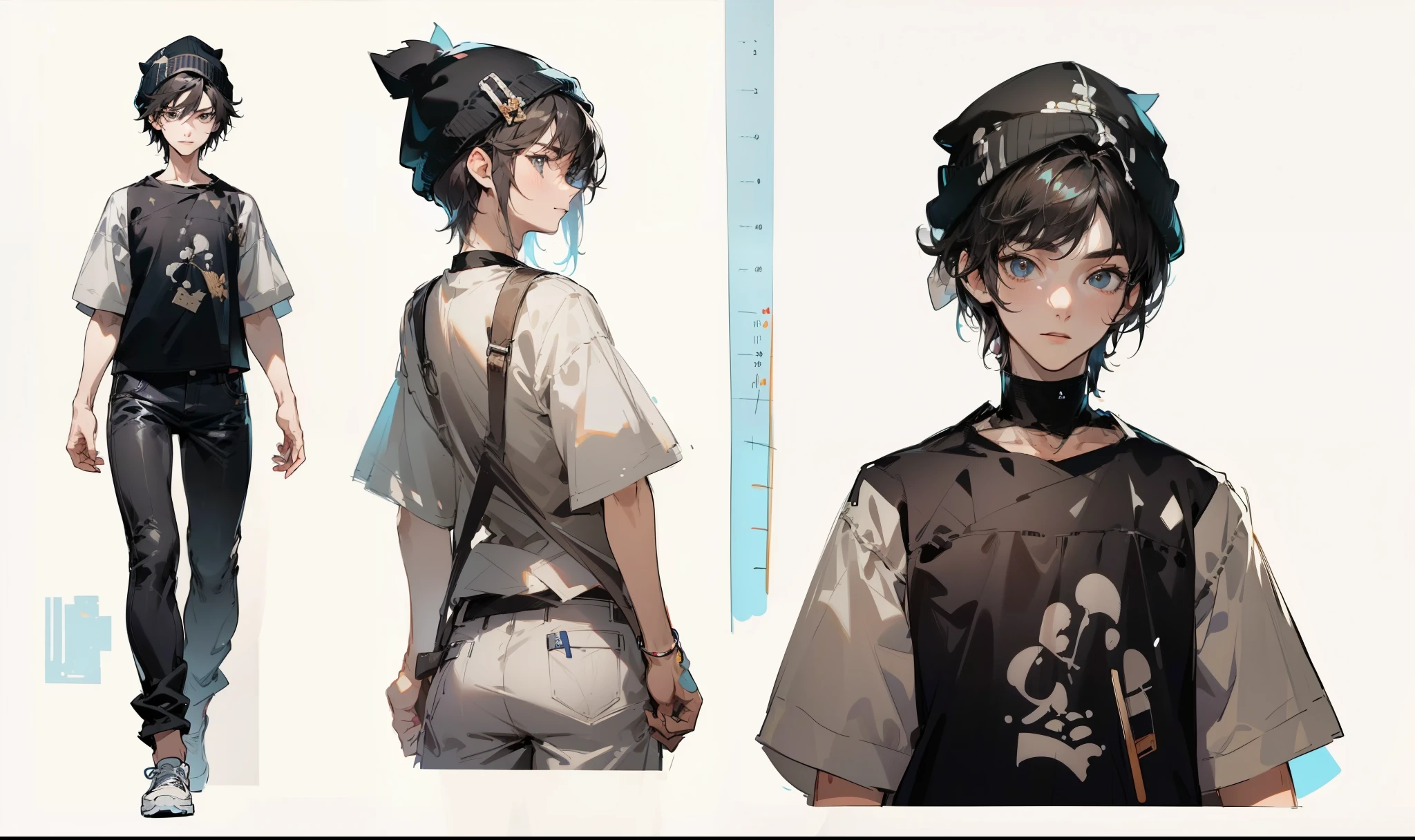 ((character sheet)) 1 boy, best quality, Cool looking age boy, Character sheet,T- pose , beautiful eyes , detailed face , wearing t-shirt, different angles, different poses, different head poses, forward, backward, simple background, Boy student,Light-colored clothes,short detailed hair,Black color hair,The shirt,full body, Adult male、((Adult 21 years old))、((Adult older brother)), Black short hair, character references, black eyes, black big shirt, black baggy shorts, white shoes, male, Full body, Character design , reference sheet, dynamic poses, detail face, ((Best Quality)), ((Masterpiece)), ((Realistic)) 19 year old, boy, wavy, relaxed happy face ((slender)), (((detailed character sheet, frontal view, side view, three quarter view, full body view))) white background, ((beanie hat)), (intricate-detail:1.2),(masterpiece, :1.3) ,(top-quality:1.4), (A high resolution:1.2), A high resolution, (A detailed eye), (detailed facial features), 8K resolution, (Lens Flare: 0.7), turned around, (8K, masterpiece, Highest Quality, Best Quality, Official art, Breathtaking beauty and aesthetics, A highly detailed, full body character design, full body