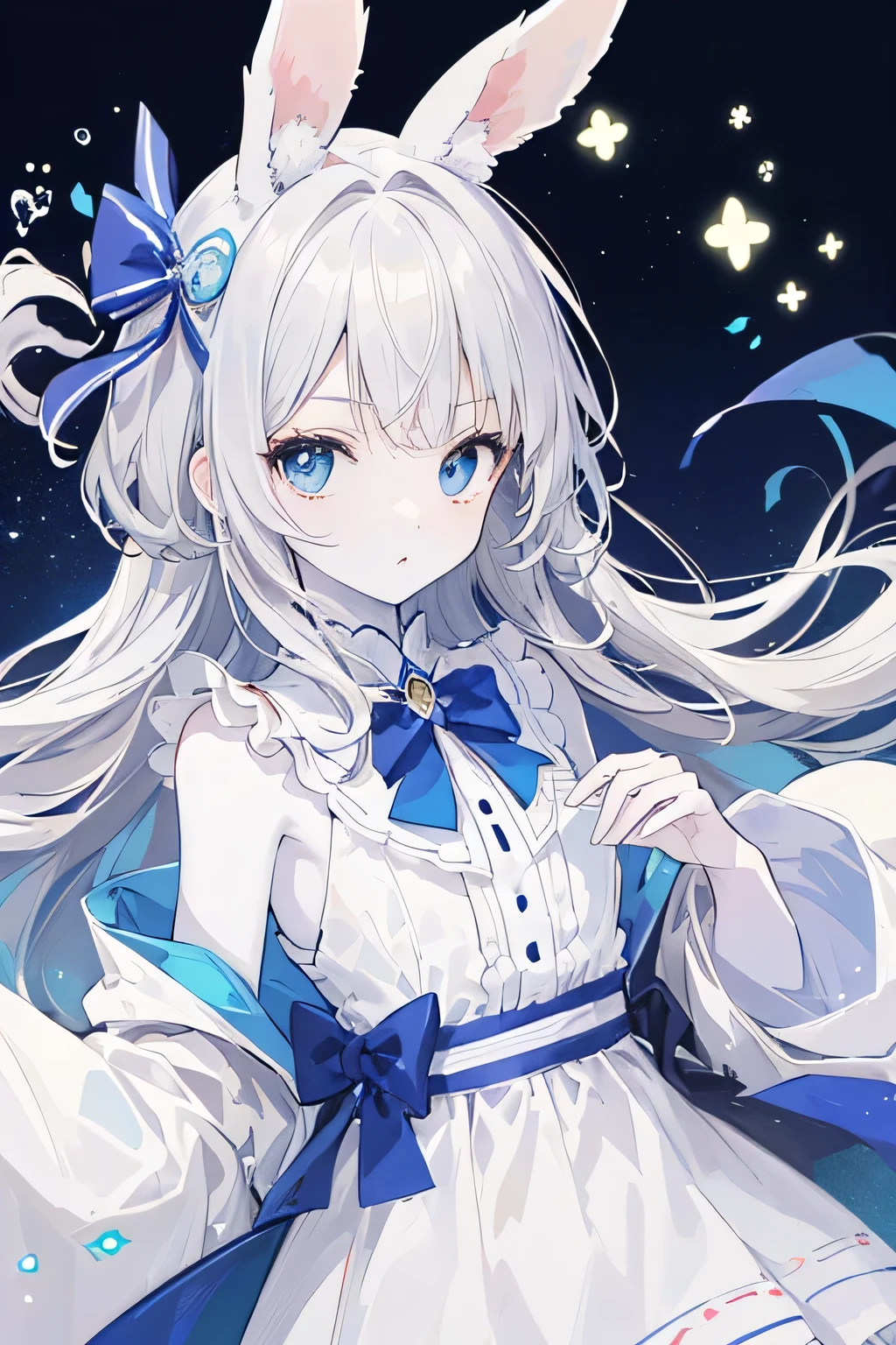 ((highest quality)), ((masterpiece)), (Fluffy short rabbit ears, Gray Hair, Dark blue eyes, Anime manga girl, White skin, With a round face, Round chin, Round eyes, White Dress, Silver long hair, blue ribbon at neckline, Red, Cute art style in anime,), That's a perfect face