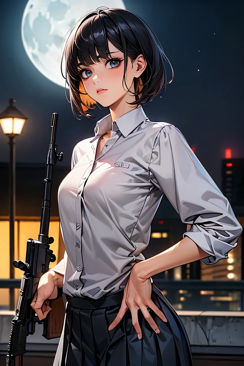 (((Woman firing an automatic rifle:1.5、excluding sight,A detailed depiction of an automatic rifle:1.7))),Synchronize your gaze and body direction、(((perfect anatomy:1.4,realistic:1.4,RAW Photography:1.4,masterpiece、highest quality、Ultra - High resolution、High resolution、Highly detailed CG、8K))),cowboy shot,1 female,solo、18 year old beauty,Japanese,((beautiful detailed face and eyes:1.3,big gorgeous eyes:1.3,gray eyes)),black hair,short bob hair,blunt bangs,blush,(medium breasts,slender body,small head:1.3,skinny),(gleaming skin:1.4,oily skin,shiny skin),(Female Soldier、White collared shirt、Pleated black hooting position:1.5,High-rise building rooftop、at night、moonlight,