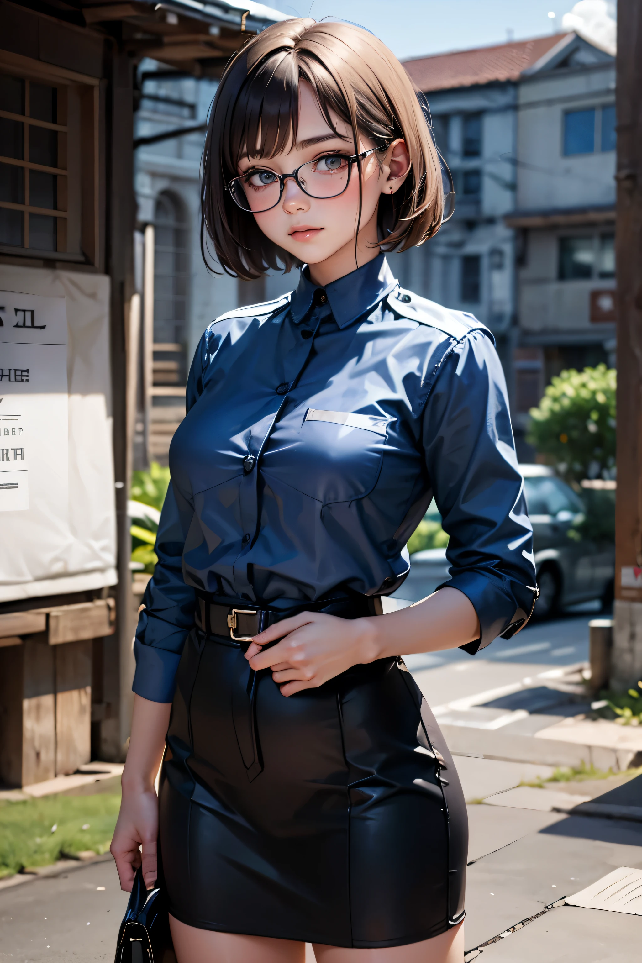 a pretty girl messenger, wearing large glasses, undercut hair, wearing postal uniform, in a post-apocalyptic world