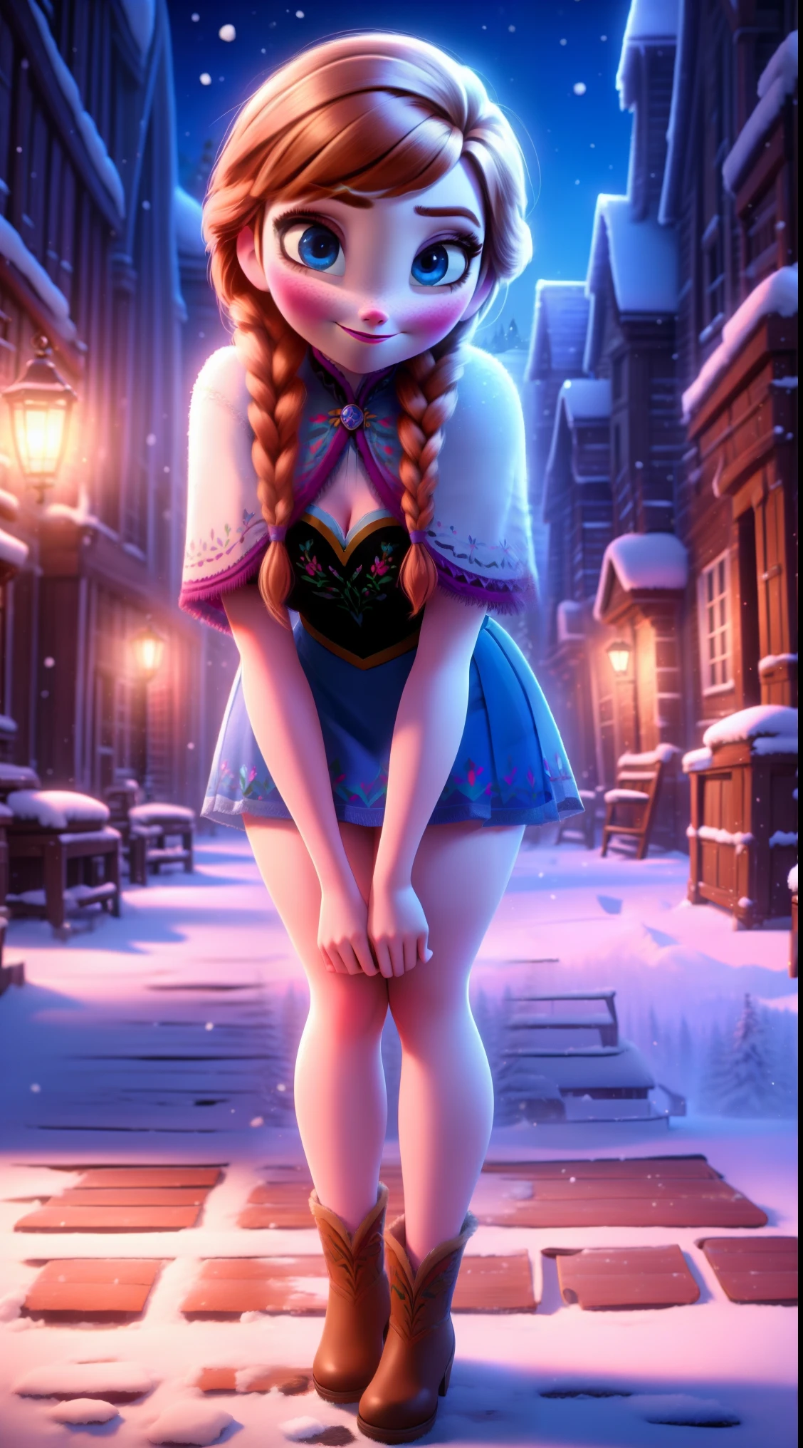 woman, ((Masterpiece, best quality)), full body view, sexy, bursting huge breasts, detailed skin, Anna from Frozen clothes, highly detailed, cinematic lighting, ultra realistic, blush, looking at viewer,  anna, anna from frozen, princess, disney, brown hair, long hair, portrait, outdoor, snow,  cleavage,  large breasts,  wide hips, full body view, tall, 
skirt, miniskirt, microskirt, pleated skirt, thighs,