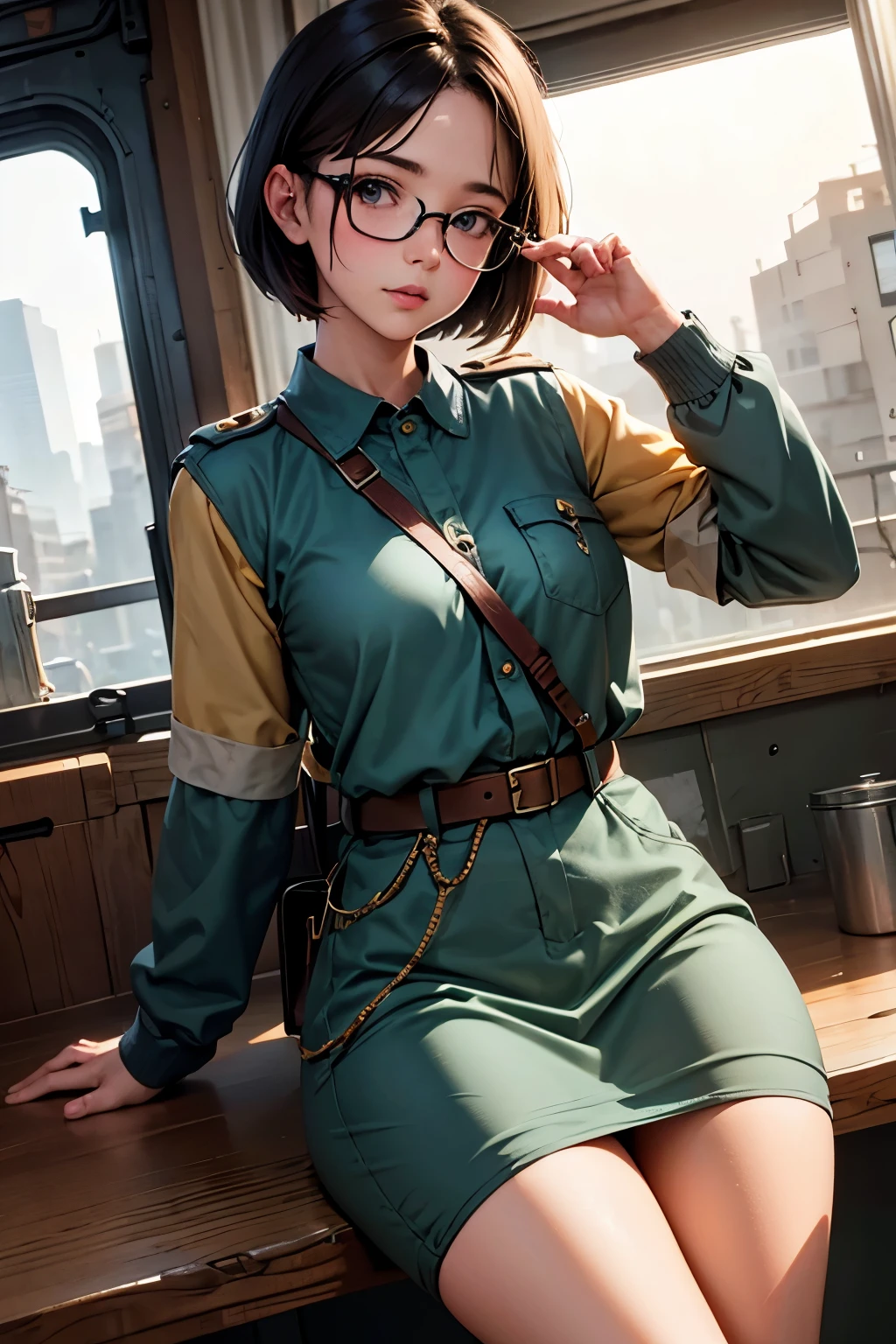 Wide angle, a pretty girl messenger, wearing large glasses, undercut hair, wearing postal uniform, in a post-apocalyptic world
