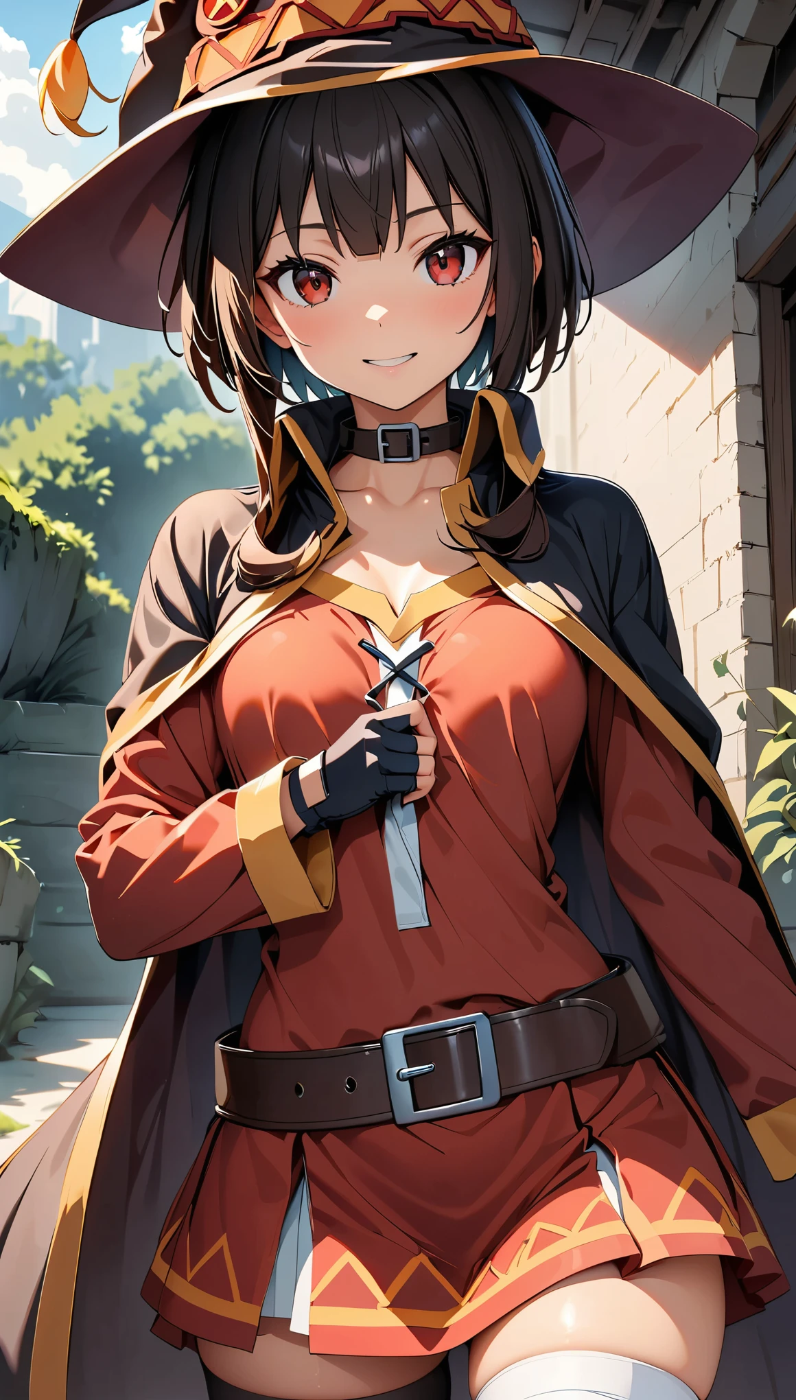 (highest quality:1.2, Very detailed, Latest, Vibrant, Super Detail, Ultra-high resolution, High Contrast, masterpiece:1.2, highest quality, Best aesthetics), alone, (1 female), /(konosuba/), (Megumin), short hair, black hair, (red eyes:1.3), short hair with long locks, thighhighs, gloves, hat, dress, black gloves, belt, black thighhighs, fingerless gloves, cape, collar, witch hat, bandages, red dress, single thighhigh, asymmetrical legwear, bandaged leg, Dynamic Angle, Random Pause, Very detailedな顔と肌の質感, Cowboy Shot,
