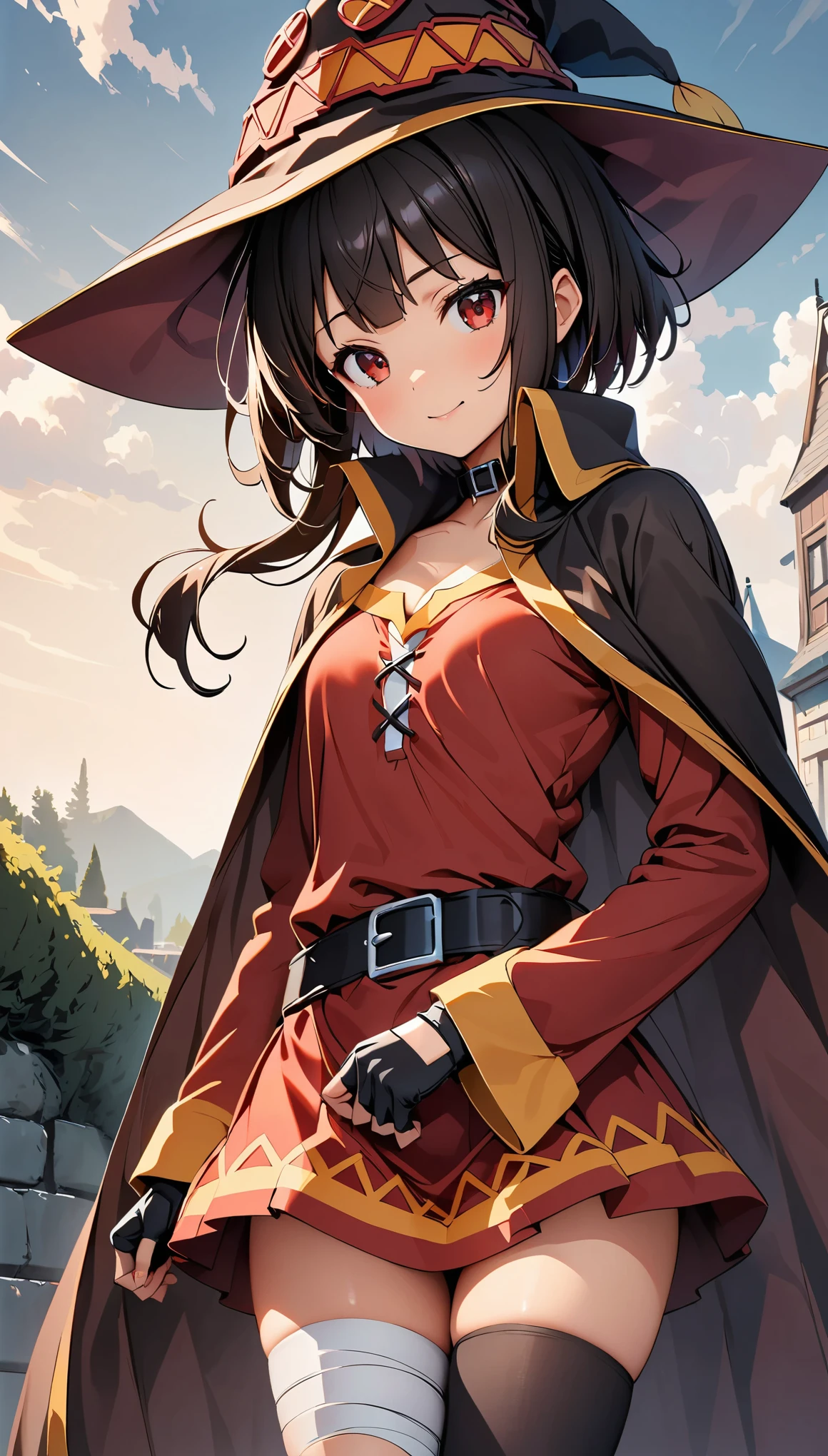 (highest quality:1.2, Very detailed, Latest, Vibrant, Super Detail, Ultra-high resolution, High Contrast, masterpiece:1.2, highest quality, Best aesthetics, aya:0.9), alone, (1 female), /(konosuba/), (Megumin), short hair, black hair, (red eyes:1.3), short hair with long locks, thighhighs, gloves, hat, dress, black gloves, belt, black thighhighs, fingerless gloves, cape, collar, witch hat, bandages, red dress, single thighhigh, asymmetrical legwear, bandaged leg, Dynamic Angle, Random Pause, Very detailedな顔と肌の質感, Cowboy Shot,