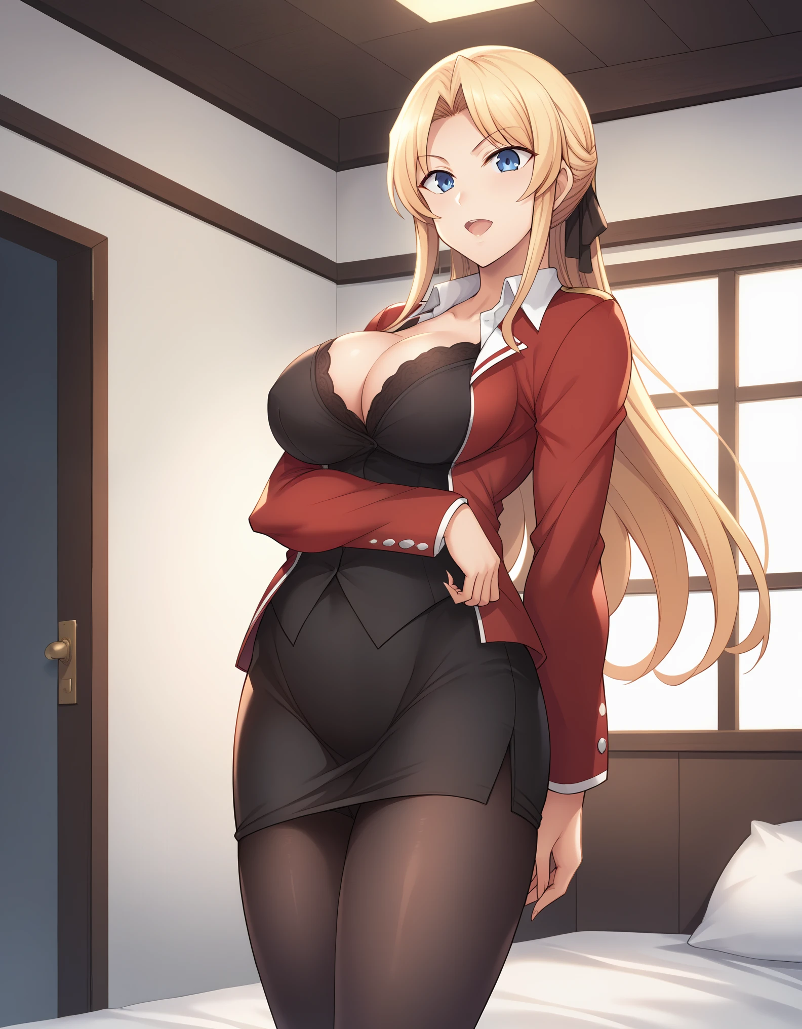 score_9, score_8_up, score_7_up, masterpiece, best quality, source_anime, BREAK 1female, blonde hair, long hair, blue eyes, large breasts, long torso, red jacket, collared shirt, collarbonea, cleavage, red pencil skirt, pantyhose, sleeve cuffs, BREAK indoor, house, cowboy shot, aiue oka, 