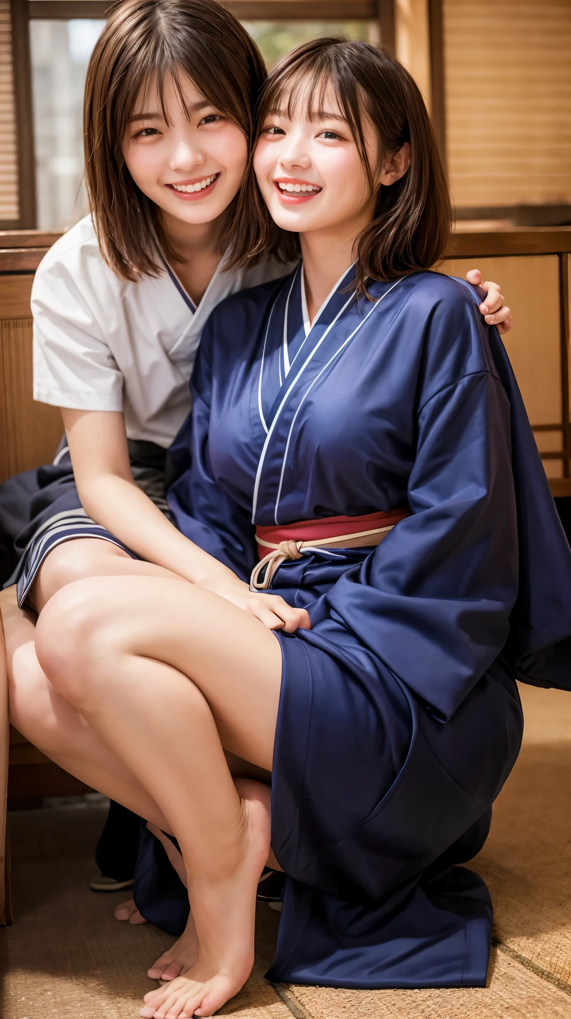 a picture、Photorealsitic、Natural lighting、The background is the guest room of the hot spring inn、Two innocent high school girls、Standing side by side on a futon on all fours、The camera is viewed from the buttocks side、Two people side by side to show their buttocks、Joke around with each other、Touching each other、Taking off each other's underwear、short-cut、Yukata、Knee-length yukata、Mischievously pulling up the hem of the yukata and exposing the buttocks、The white panties are taken off to the thighs、Smile、Flushed face、Very shy、Small but three-dimensional chest、Small buttocks、The entire buttocks are exposed、Panties are lowered to the thighs、Show your ass、You can see the exposed buttocks from the top of the lowered panties、Small three-dimensional buttocks、Pretty buttocks、Female genitalia are exposed、Pubic hair is exposed、Pubic hair grows extensively