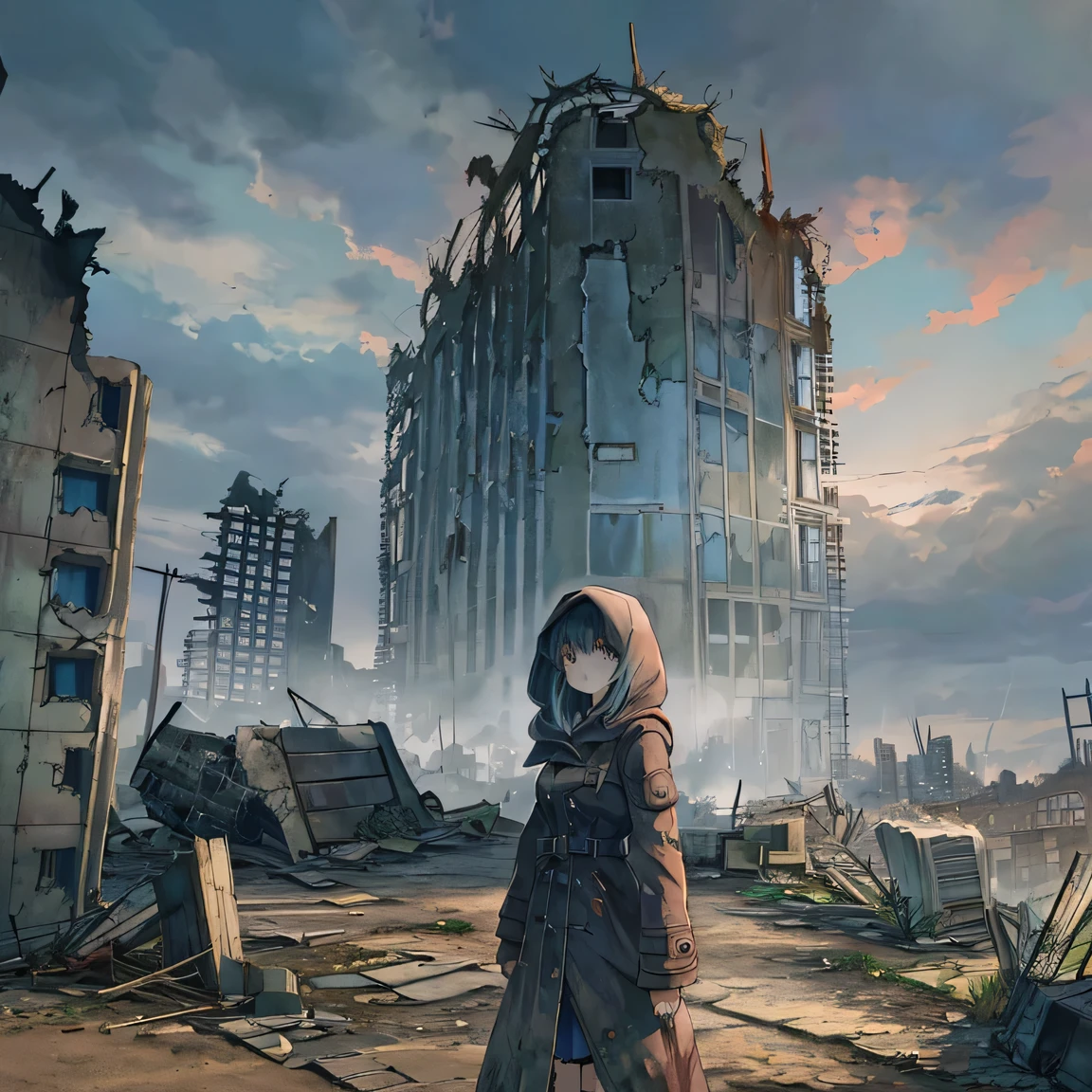 illustration, anime style, Abandoned ruins, destroyed city, lone girl, contemplating war's ruin, rubble remnants, urban decay, desolate scenery, somber atmosphere, post-apocalyptic setting, Weathered buildings, lonely landscape, ((Dim overcast sky)), long cloak-like coat with a hood over it.