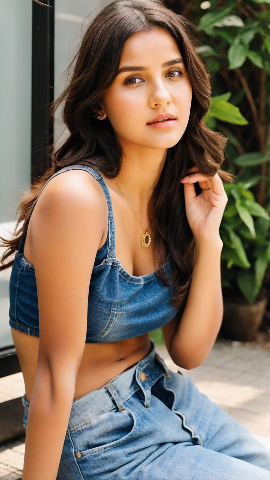 The girl in the photo is young, with light skin and long, wavy dark brown hair. She is wearing a cream-colored bra and an open white shirt made of light fabric., probably chiffon. The shirt has long sleeves and she has one hand on her hip while the other hand touches her hair., adopting a casual and confident posture.
The place where it is located seems to be a garden of a house with a pool. Behind her there is a palm tree and part of the garden with grass. You can see a pool on the left and a white wall in the background that appears to be the wall that delimits the property.. On the right, There is a wooden structure that could be a barbecue area or a pergola. There are also some tropical plants and a house that can be partially seen in the background with antennas and a chimney on the roof.
The scene has bright natural lighting, indicating that it is day, probably at noon or in the afternoon, since there is a good amount of direct sunlight. The atmosphere is calm and relaxed, ideal for a summer outdoor photo.