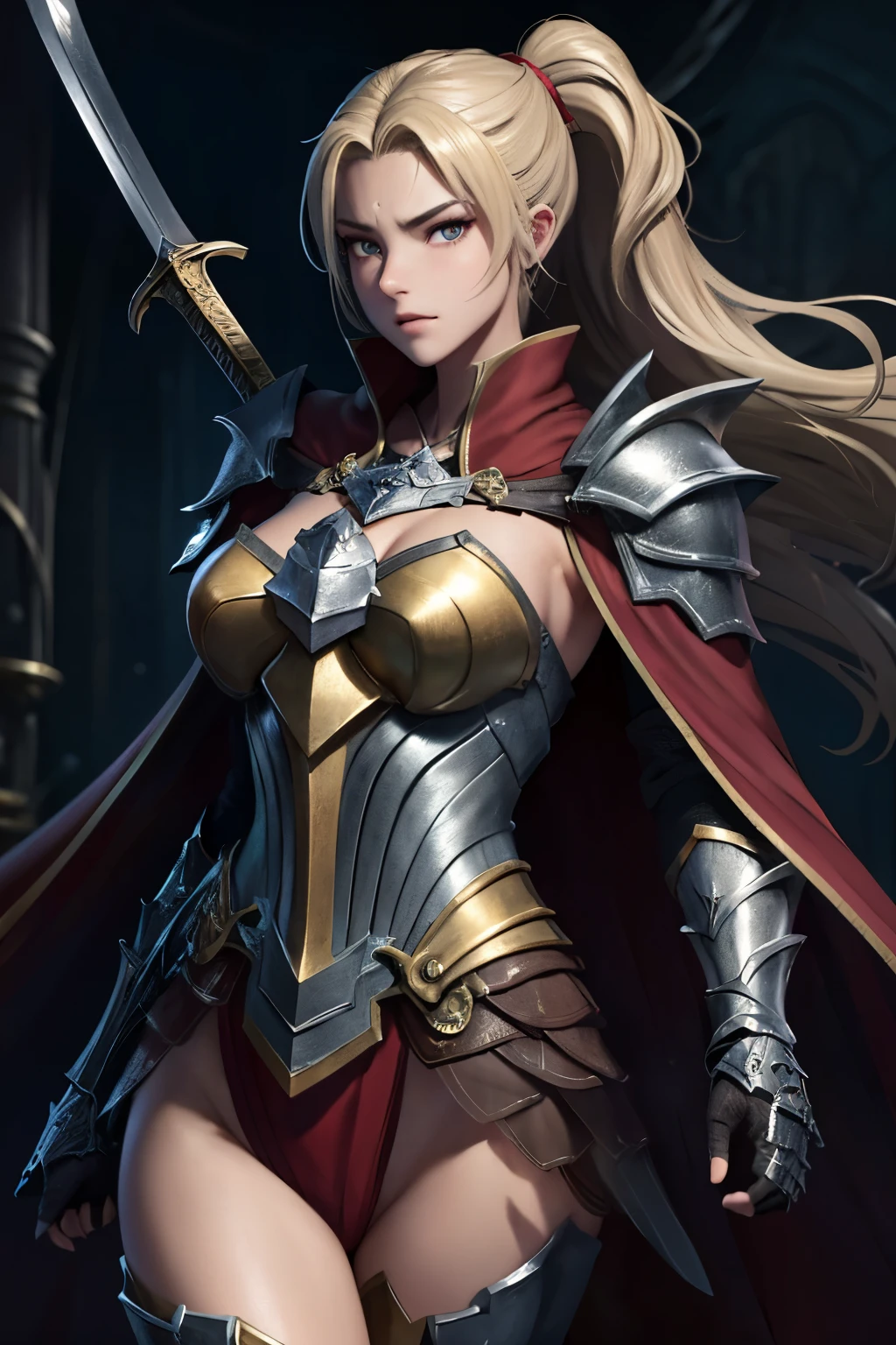 ((highest quality)), ((masterpiece)), (detailed), Perfect Face、knight、Big Tits、ponytail、Blonde、Long Hair、Wearing armor、Wearing a cloak、Has a big sword、Red Cape、golden armor、Exposing the upper part of the chest、Bikini Armor、Mature Woman、Brandishing a Sword、Throw your hands out in front of you、Angry face、