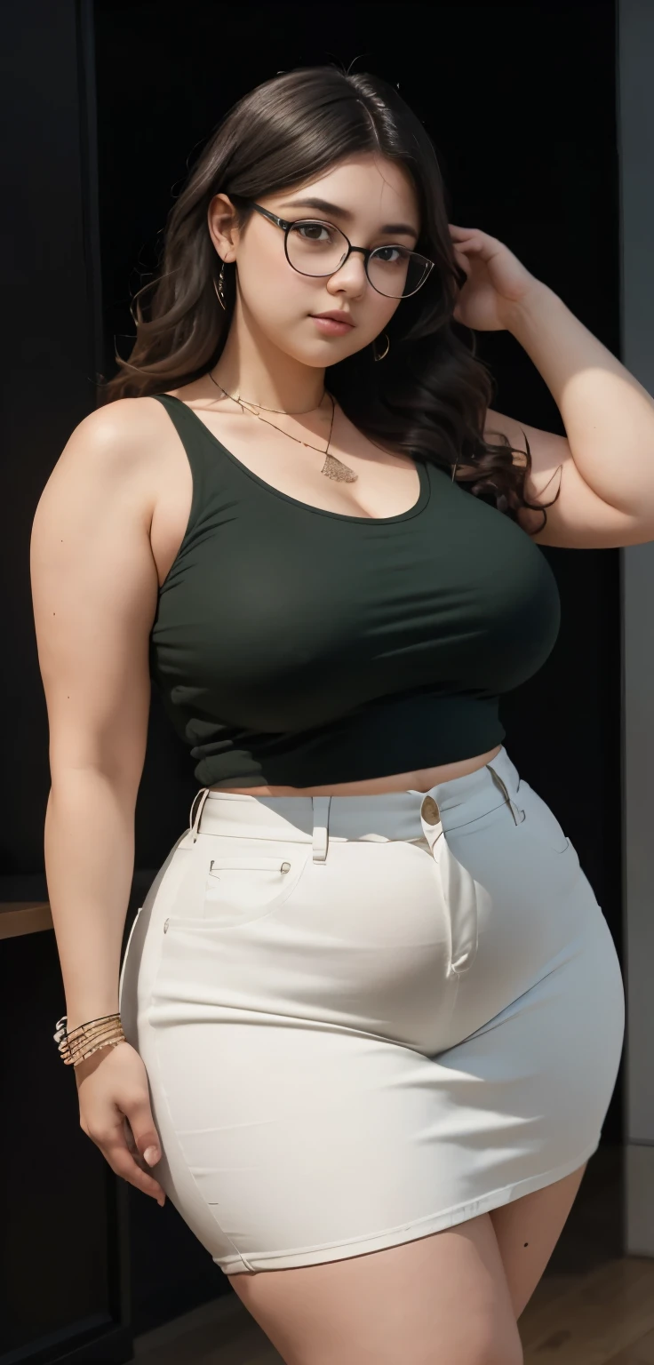 ((best quality)), ((masterpiece)), (detailed), perfect face, araffe woman in a long dark green shirt and 1/3 white denim skirt walking in black room , thicc,  wavy  short hair , she has a jiggly fat round belly, bbwchan, wearing tight simple clothes, skinny waist and thick hips, widest hips, her belly is fat and round, soft curvy shape, hyperrealistic full figure, wearing a cute top, wide hips, wearing 10 bracelet , wearing huge diamond necklace , slightly fat cheeks , glasses 