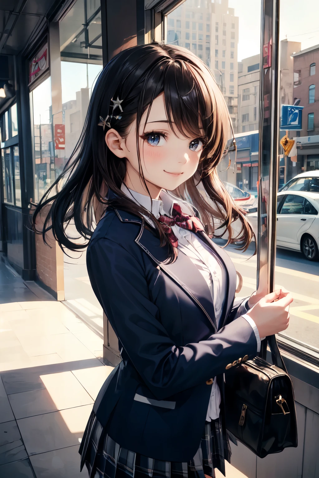 very cute and beautiful girl,teen,(highly detailed beautiful face),
(blue blazer , pleated mini skirt),standing in front of cake shop show window,
(smile),cowboy shot,holding school bag,hair pin,black hair,downtown street,
(best quality,masterpiece:1.0),absurdres,highres,ultra-detailed,extremely detailed,32k,8k resolution,
intricate details,cinematic scene,detailed background,solo,dynamic angle,hair fluttering in the wind,realistic,