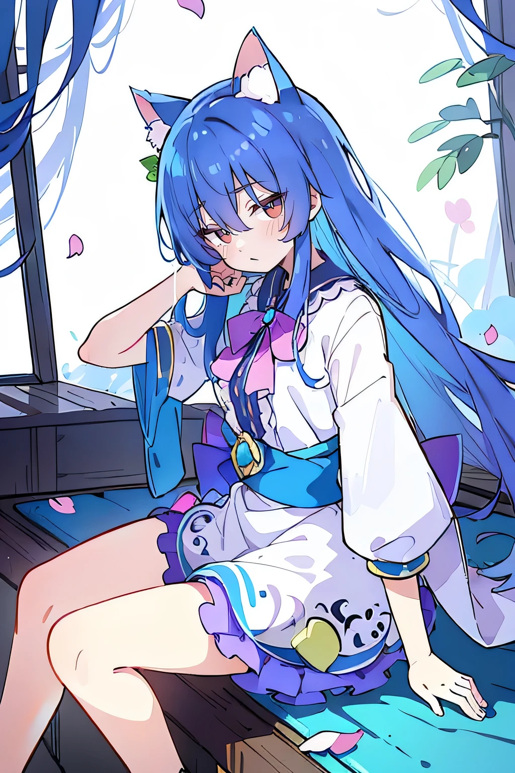 (masterpiece:1.2),ultra-detailed,realistic,expressive eyes,fair-skinned,perfectly shaped face,1girl,
Japanese cartoons,Gorgeous blue hair, flowing blue hair,floating clothes,cat ears,petals falling,beautiful Lola,Hina Angel,
hands on waist,gracefully sitting on the ground,legs crossed,gentle and serene background,cool and comfortable pavilion.