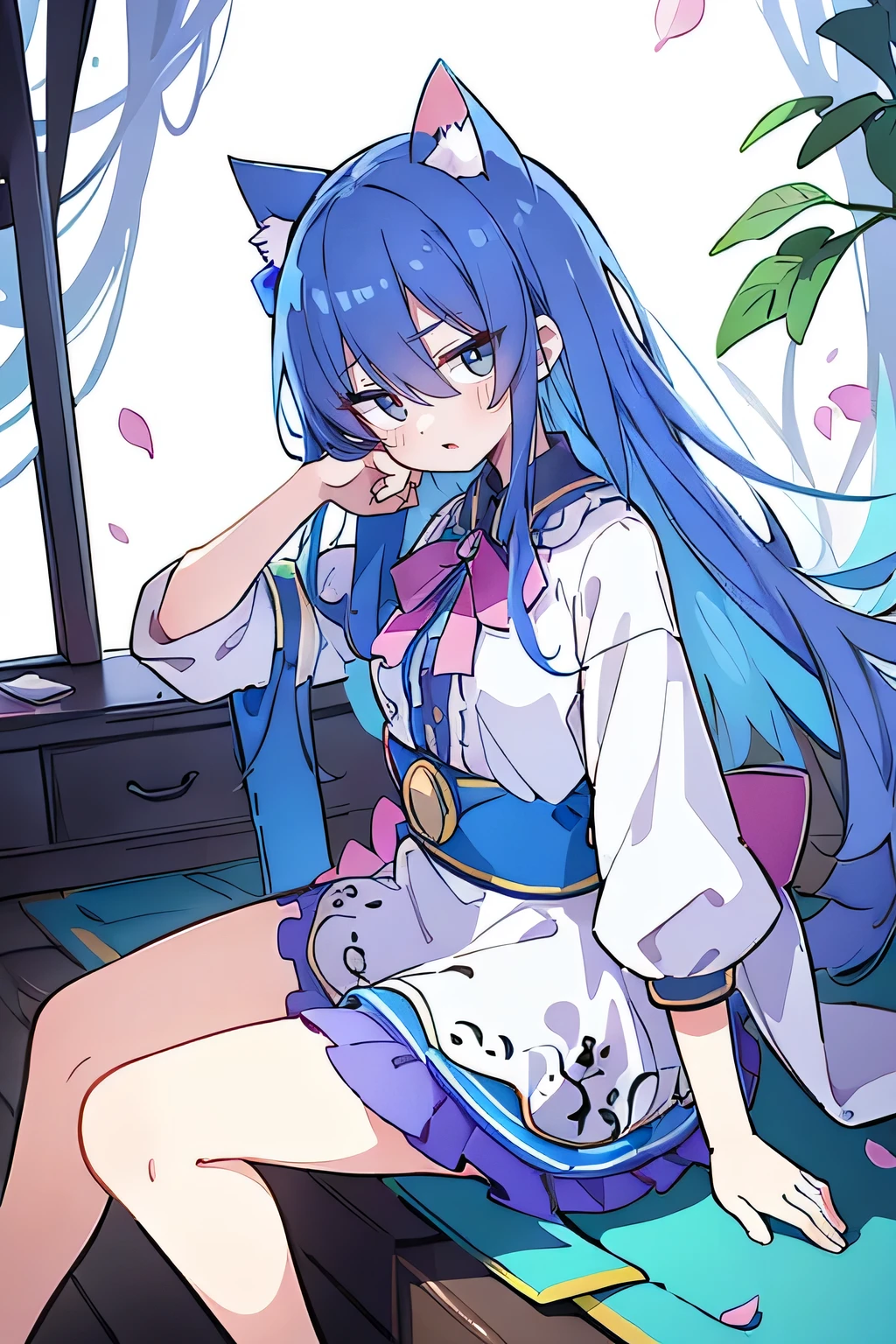 (masterpiece:1.2),ultra-detailed,realistic,expressive eyes,fair-skinned,perfectly shaped face,1girl,
Japanese cartoons,Gorgeous blue hair, flowing blue hair,floating clothes,cat ears,petals falling,beautiful Lola,Hina Angel,
hands on waist,gracefully sitting on the ground,legs crossed,gentle and serene background,cool and comfortable pavilion.