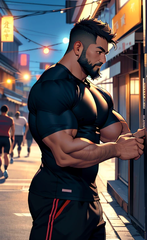 best quality, masterpiece, Indonesian adult male, Ultra-high resolution, Detailed background, realism, illustration, , street, muscle, Volumetric Lighting, Depth of Field, beard, Fitness coach, compression shirt,背部muscle,Strong,pride