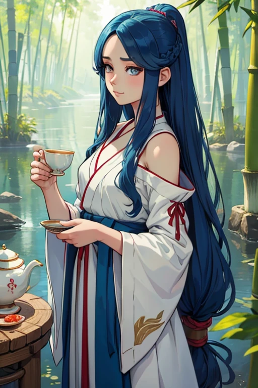 Masterpiece, best quality, official art, 8k wallpaper, very detailed, illustration, 1 woman, blue hair, long hair, Detailed eyes, Forrest Gump, bare shoulders, Hanfu, lagoon, pure, soft smile, bamboo, tea