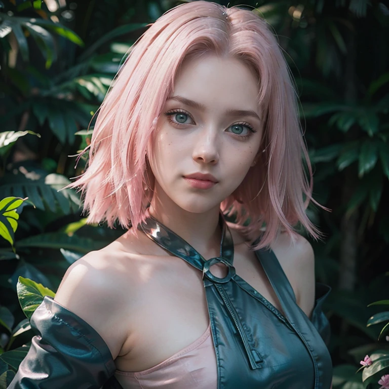young woman, short shoulder-length pink hair, wide forehead, porcelain skin, pink eyebrows, big emerald green eyes, buttoned nose, full lips, heart-shaped face, slender body, small breasts, red tank top, Sakura Haruno , realistic, realism, details, 3d, well detailed