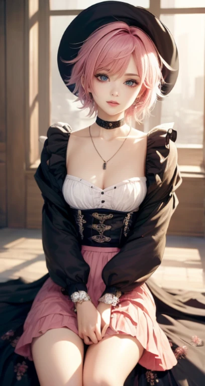 masterpiece, highest quality, ((1 Female)), adult, Different colors, Fine eyes and a fine face, Intricate details, Casual black and white attire((Sexy clothes)), window, Laughter, happiness, Kindness, high resolution、 Selfie, Beautiful woman、expensive、Small Face, D Cup, Upper body、Sunset, Night Scenery、𝓡𝓸𝓶𝓪𝓷𝓽𝓲𝓬、Korean, Idol Photos, Model Photo, K-Pop, Professional photos, vampire, Black and white Korean fashion, Fedman wearing a necklace, Inspired by Shim Sajeong, 両性具有のvampire, :9 detailed face: 8, Very detailed顔, Detailed punk hair, ((The eyes are brown)) Swollen eyes, Fascinating. Very detailed, Semi-realistic anime, vampire, Surreal Teen, Delicate androgynous princess, sheep, ((Short Hair Woman)), Pink hair woman with wild look, sexy look, ((ピンクのShort Hair Woman)), ((1 person)), Sitting sexy pose,