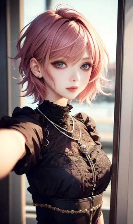 masterpiece, highest quality, ((1 Female)), adult, Different colors, Fine eyes and a fine face, Intricate details, Casual black and white attire((Sexy clothes)), window, Laughter, happiness, Kindness, high resolution、 Selfie, Beautiful woman、expensive、Small Face, D Cup, Upper body、Sunset, Night Scenery、𝓡𝓸𝓶𝓪𝓷𝓽𝓲𝓬、Korean, Idol Photos, Model Photo, K-Pop, Professional photos, vampire, Black and white Korean fashion, Fedman wearing a necklace, Inspired by Shim Sajeong, 両性具有のvampire, :9 detailed face: 8, Very detailed顔, Detailed punk hair, ((The eyes are brown)) Swollen eyes, Fascinating. Very detailed, Semi-realistic anime, vampire, Surreal , Delicate androgynous princess, sheep, ((Short Hair Woman)), Pink hair woman with wild look, sexy look, ((ピンクのShort Hair Woman)), ((1 person))