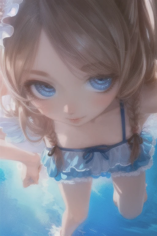 highest quality、Beach、Swimwear、One Girl、Blue Eyes、Young realistic anime girl、Realistic anime art style、Captivating look 、8K