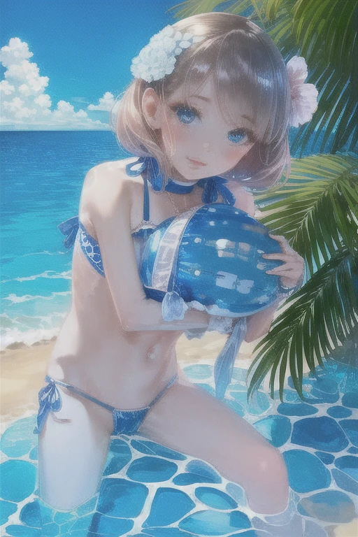 highest quality、Beach、Swimwear、One Girl、Blue Eyes、Young realistic anime girl、Realistic anime art style、Captivating look　、８K