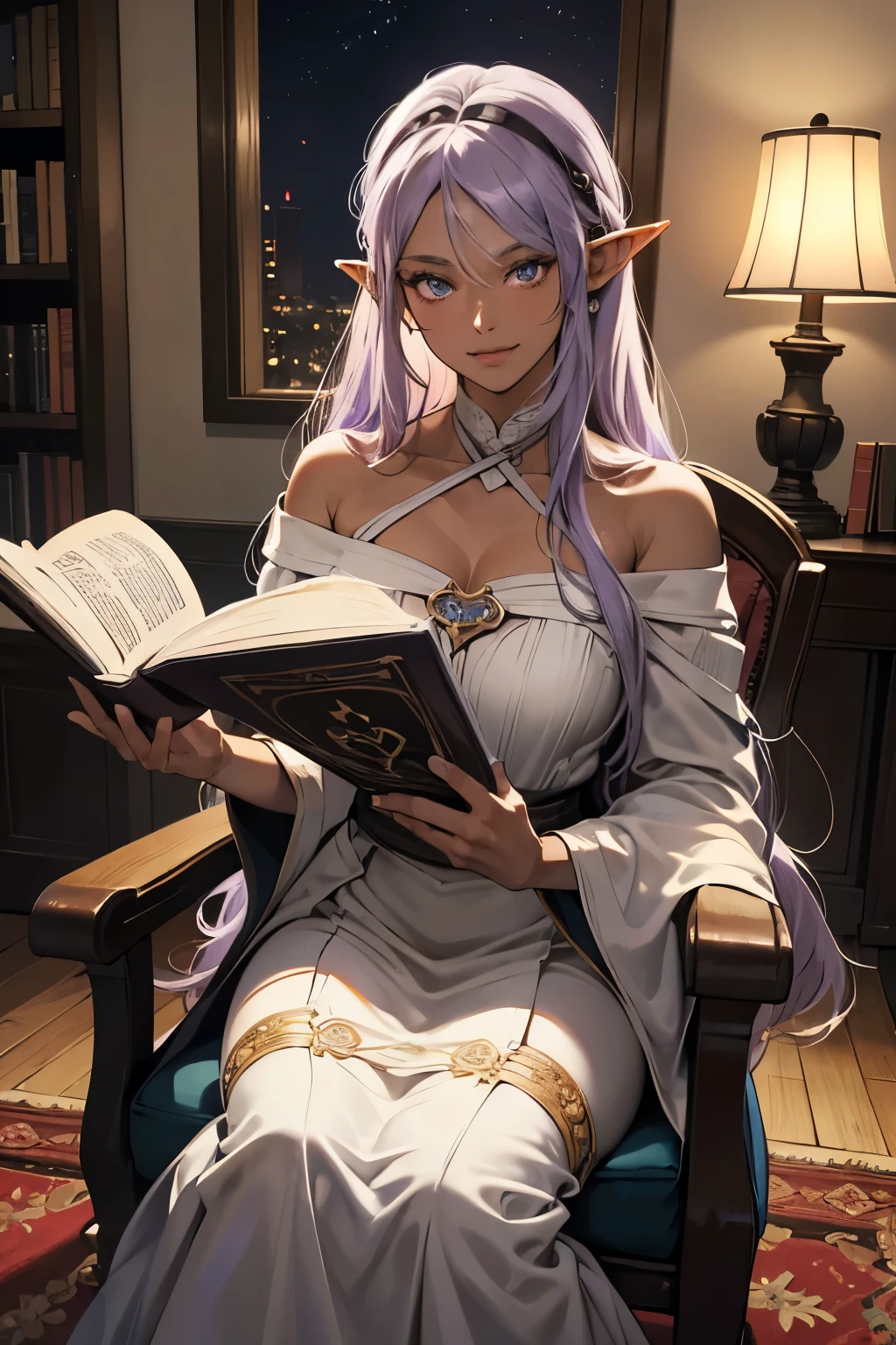 (absurdres, highres, ultra detailed),Masterpiece,intricate details,Best quality,8k,Realistic face,Realistic skin texture,magnified textures, stunning clarity, anime girl,kind girl,ultra detailed eyes and faces,(elf ears),(dark skin:1.5),light purple hair,long hair,smile,22 years old,off-the-shoulder top,long skirt,reading a book,(look at viewer),tsurime,(fireplace),cozy mood,(medieval fantasy),Rockin&#39; Chair,Bookshelf,cinematic lighting,(night:1.2),faint light,darkness