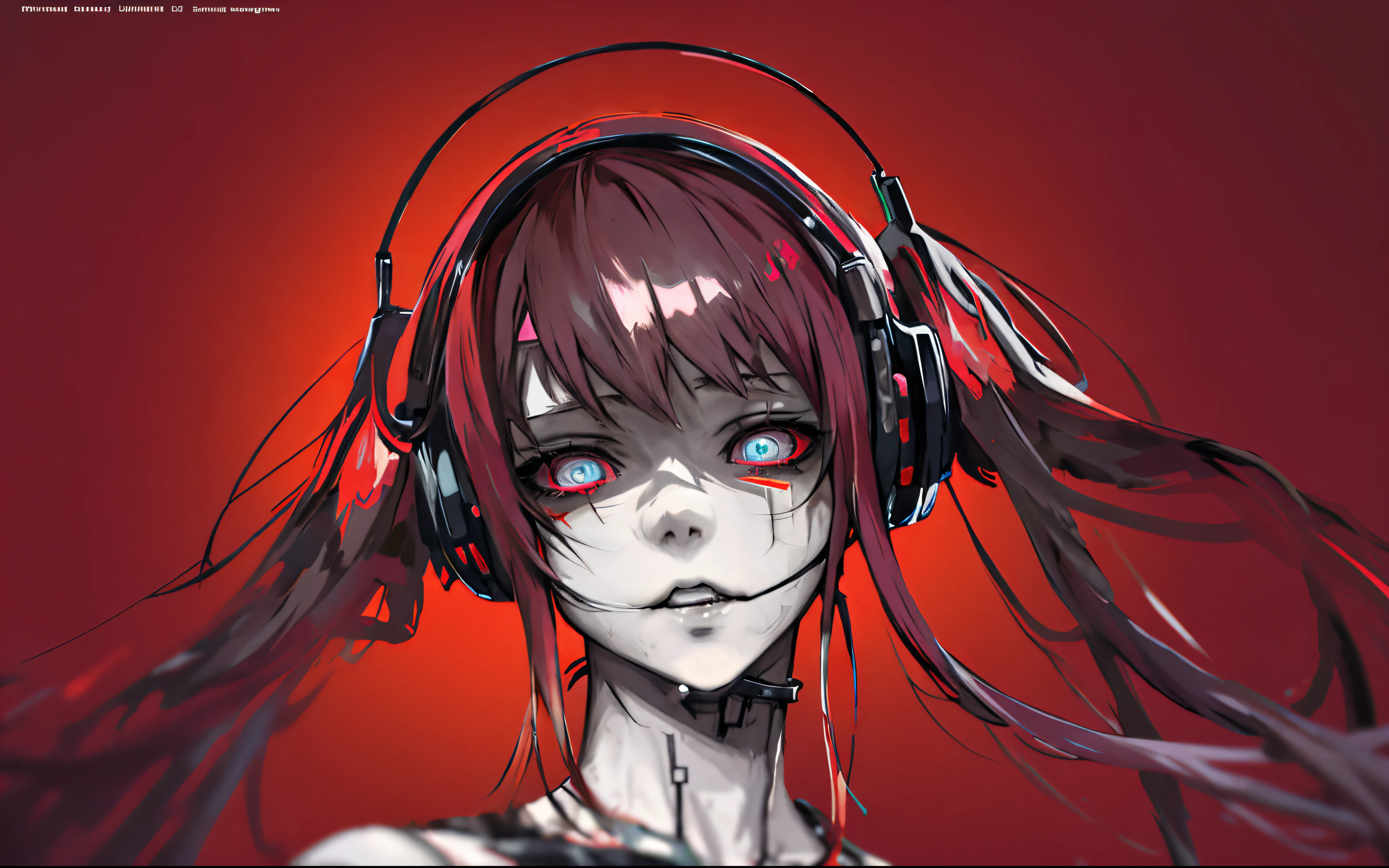 anime girl with headphones on her head and a red background, cyberpunk headset, darksynth character portrait, portrait of a cyberpunk machine, digital cyberpunk anime art, digital cyberpunk - anime art, cyberpunk jesus christ, blind, cyberpunk horror style, pixiv contest winner, by Shitao, inspired by Sebastian Vrancx, cyberpunk digital painting, shackled in the void