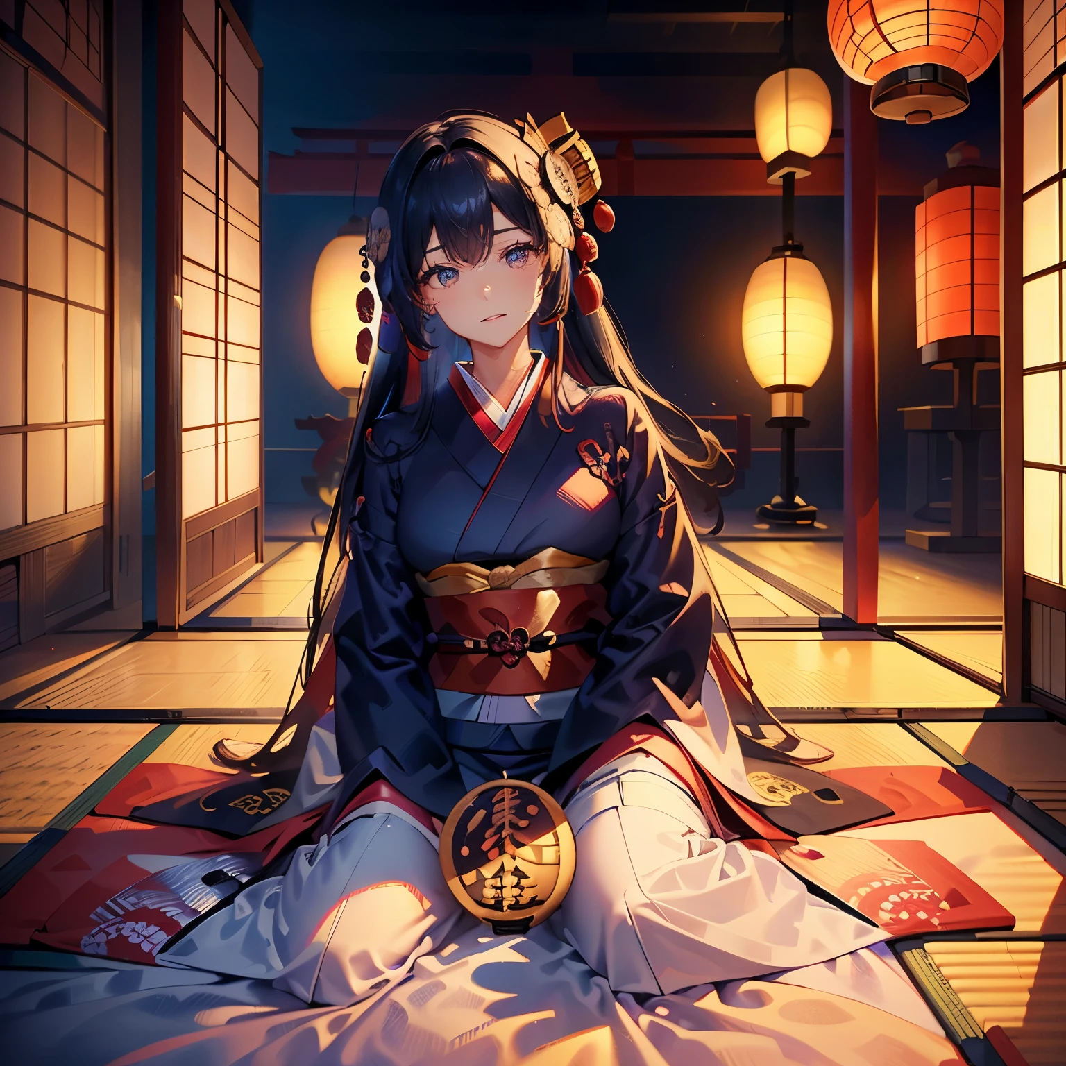 Super detailed, masterpiece, absurd, Beautifully, fair, Japanese temple, Happy, happy, joy, Interesting scene, Joyful scene,Japanese-style room,toy doll'festival,Warm scene, Japanese, Japanese clothes, (Japanese fair woman:1.5),(Long and straight hair,Black Hair:1.2),Thin Teak,big eyes,Sit directly on the tatami,Black eyes,From the front, Front view,more than,( Dramatic Lighting, Warm lighting, soft light), Depth of Field, Highly saturated colors, (Vibrant colors, fair, romantic atmosphere), soft edge