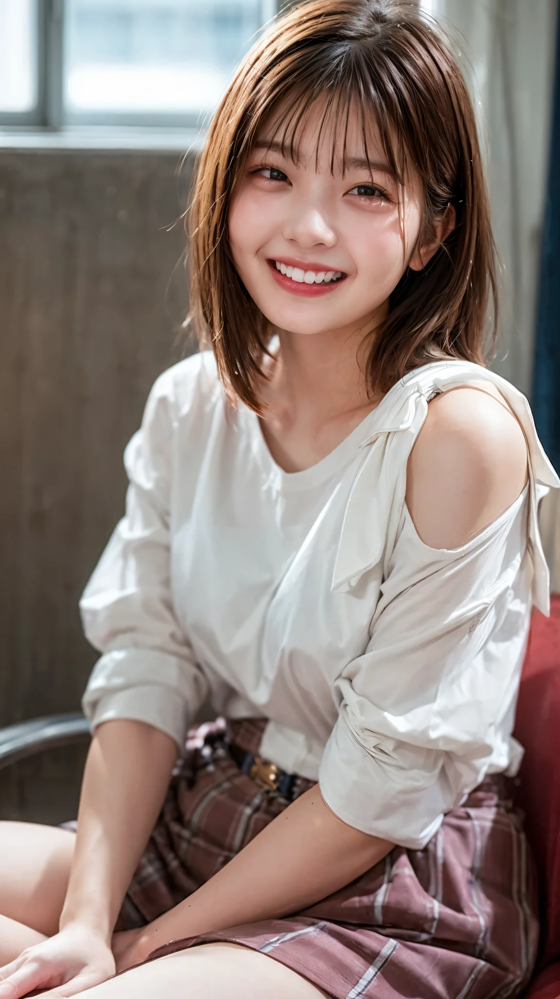 highest quality、4K quality、Molestation Man、Young woman sitting on man、Small face、18-year-old、slender、Man grabs woman's chest、Long shirt removed to the shoulders、Laughing with your mouth open(1.3)、Model-like exposed legs、Small breasts
