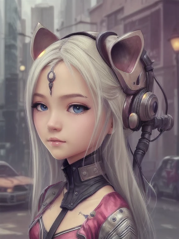 Paint an otherworldly cyberpunk-inspired, a cute surrealism girl with chibi realistic looks