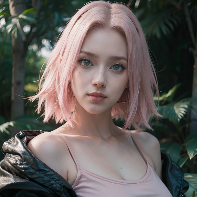 young woman, short shoulder-length pink hair, wide forehead, porcelain skin, pink eyebrows, big emerald green eyes, buttoned nose, full lips, heart-shaped face, slender body, small breasts, red tank top, Sakura Haruno , realistic, realism, details, 3d, well detailed