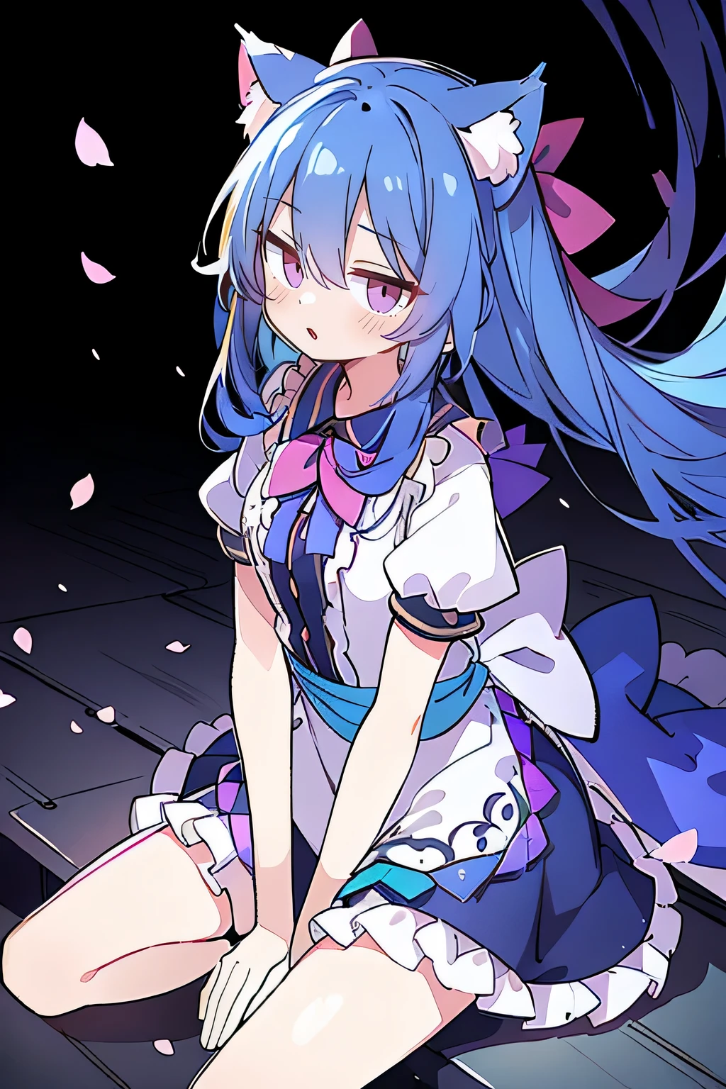 (masterpiece:1.2),ultra-detailed,realistic,expressive eyes,fair-skinned,perfectly shaped face,1girl,
Japanese cartoons,Gorgeous blue hair, flowing blue hair,floating clothes,cat ears,petals falling,beautiful Lola,Hina Angel,
hands on waist,gracefully sitting on the ground,legs crossed,gentle and serene background,cool and comfortable pavilion.